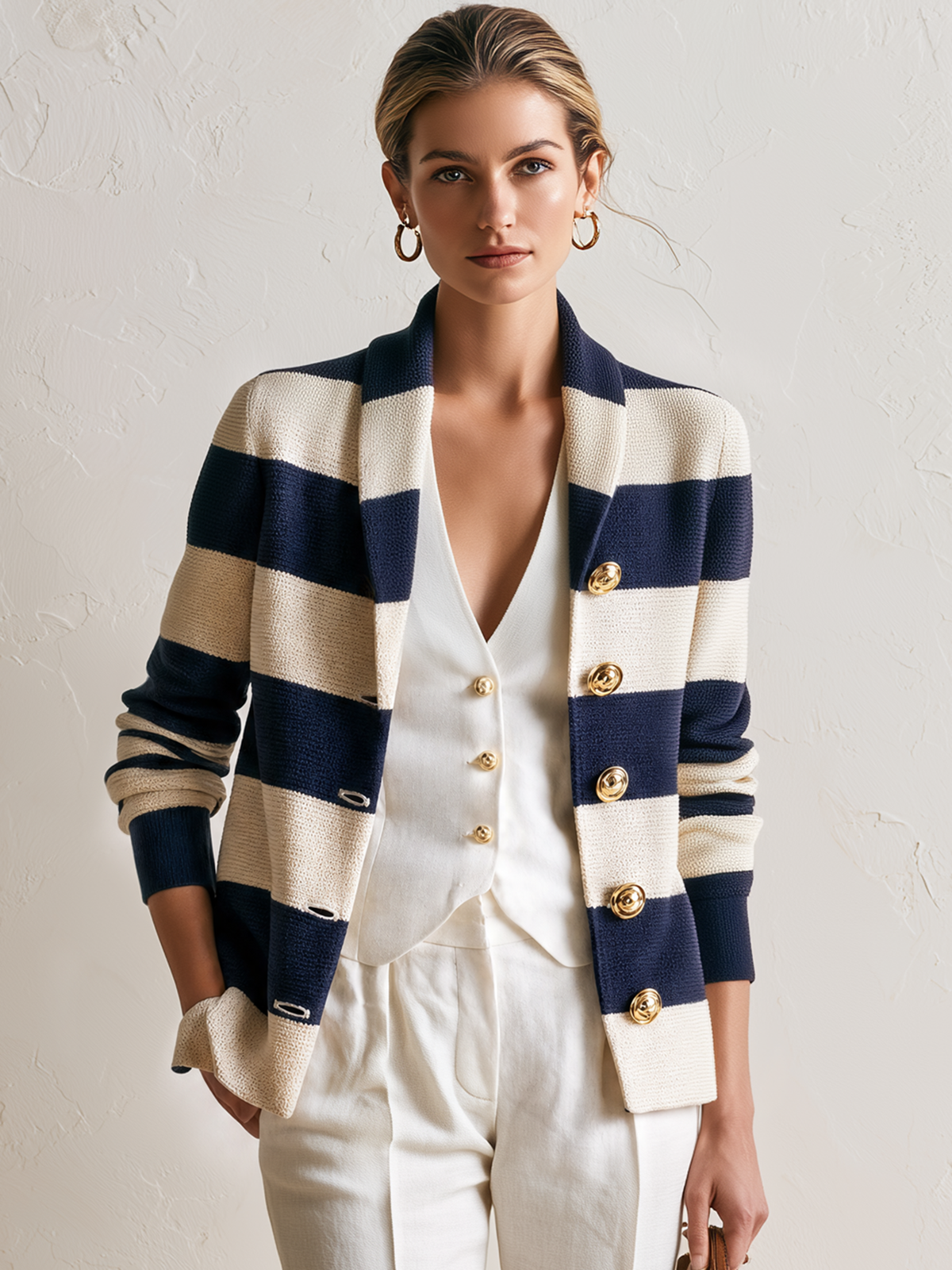 Navy‑Ivory Stripe Shawl‑Collar Gold‑Button Knit Blazer Cardigan