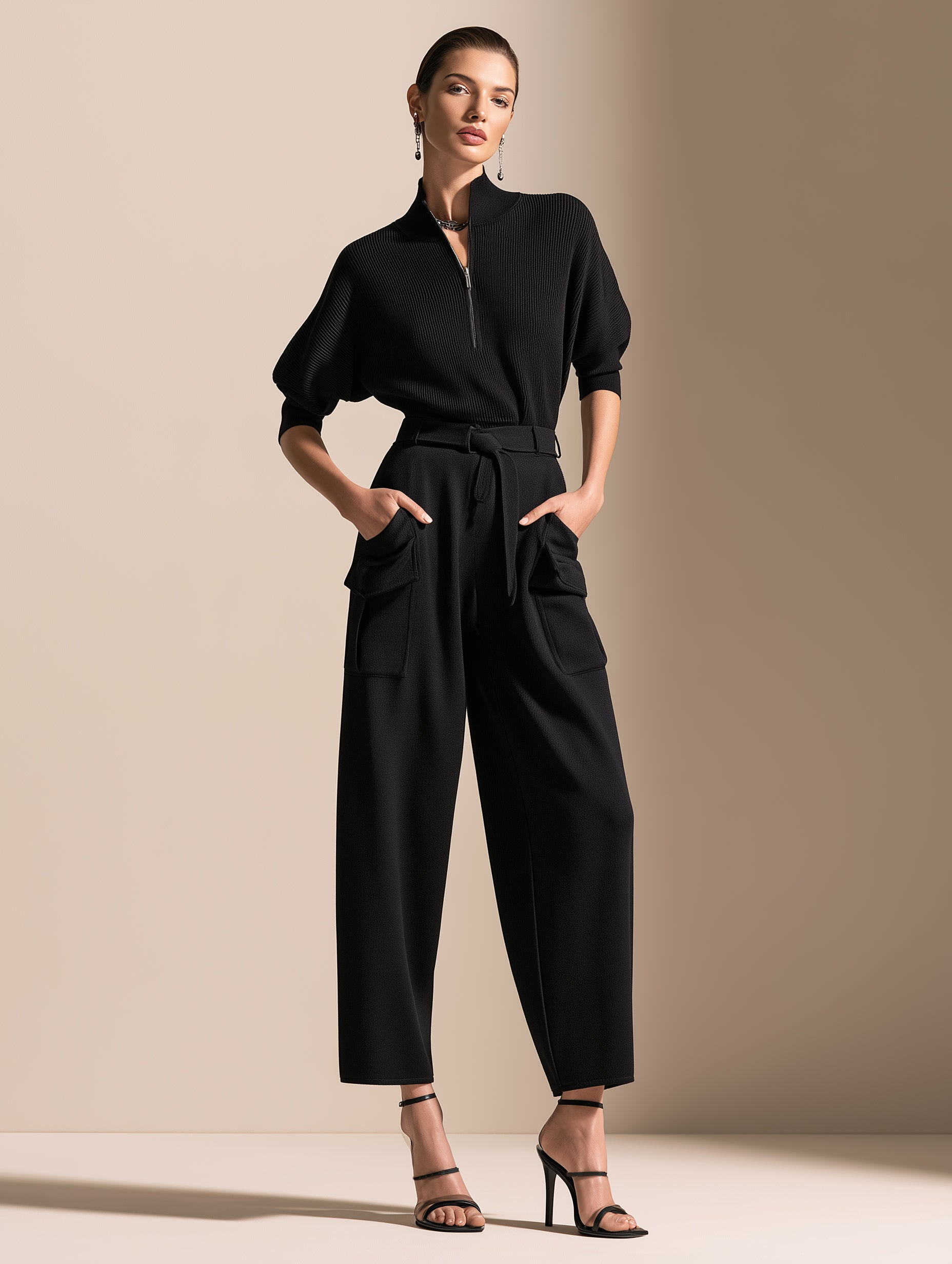 Elegant Black Ribbed Knit Jumpsuit