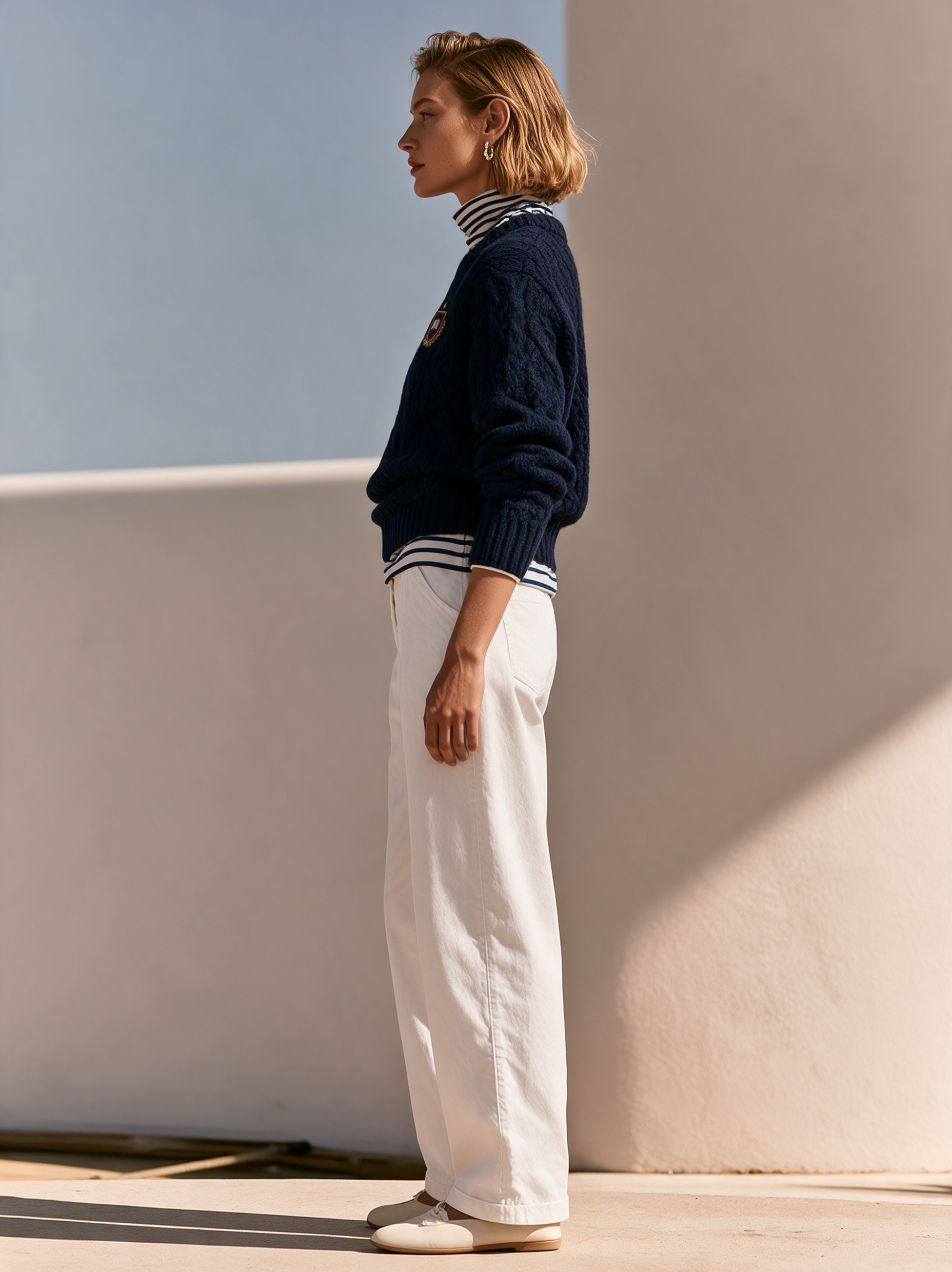 Elegant Navy Blue Cable-knit Striped Mock-neck Faux-layered Top