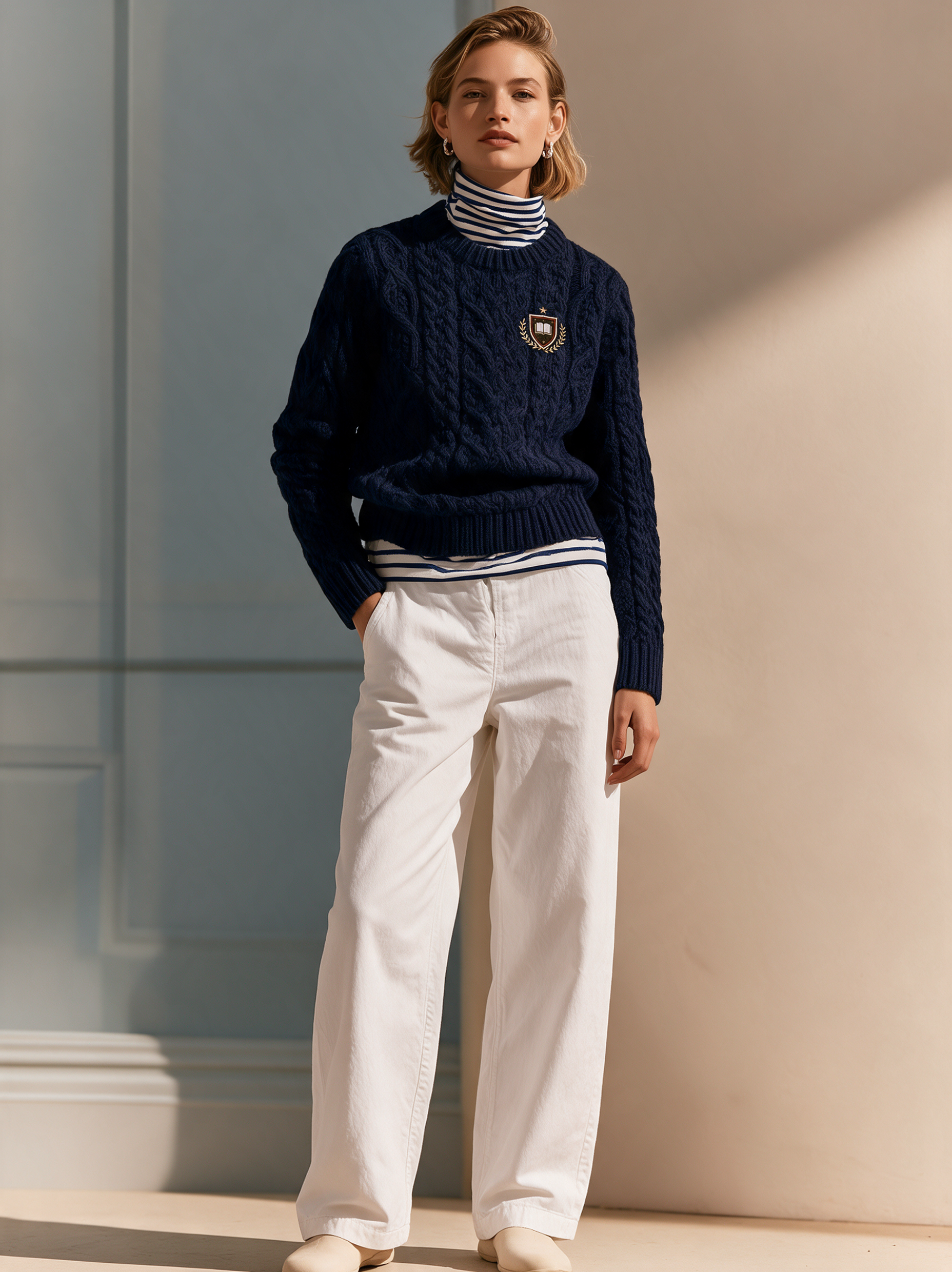 Elegant Navy Blue Cable-knit Striped Mock-neck Faux-layered Top