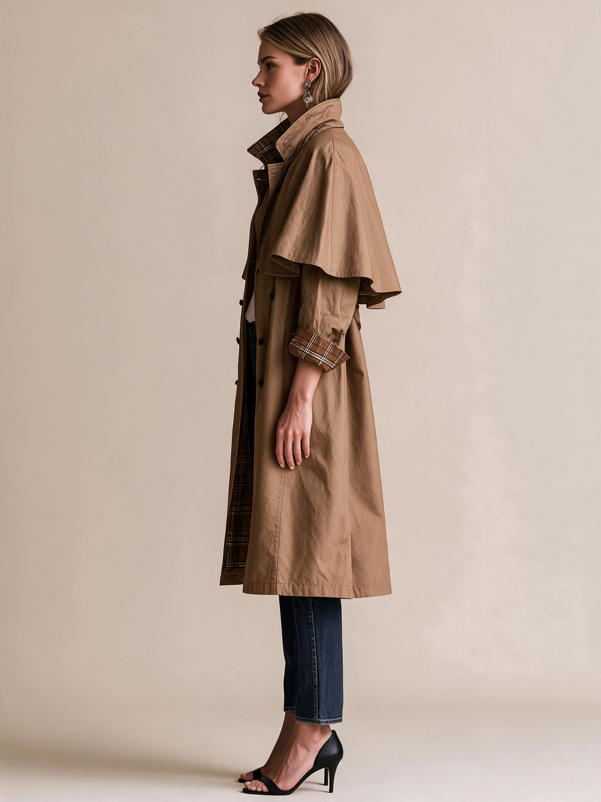 Camel Cape Trench Coat With Plaid Lining And Button Front