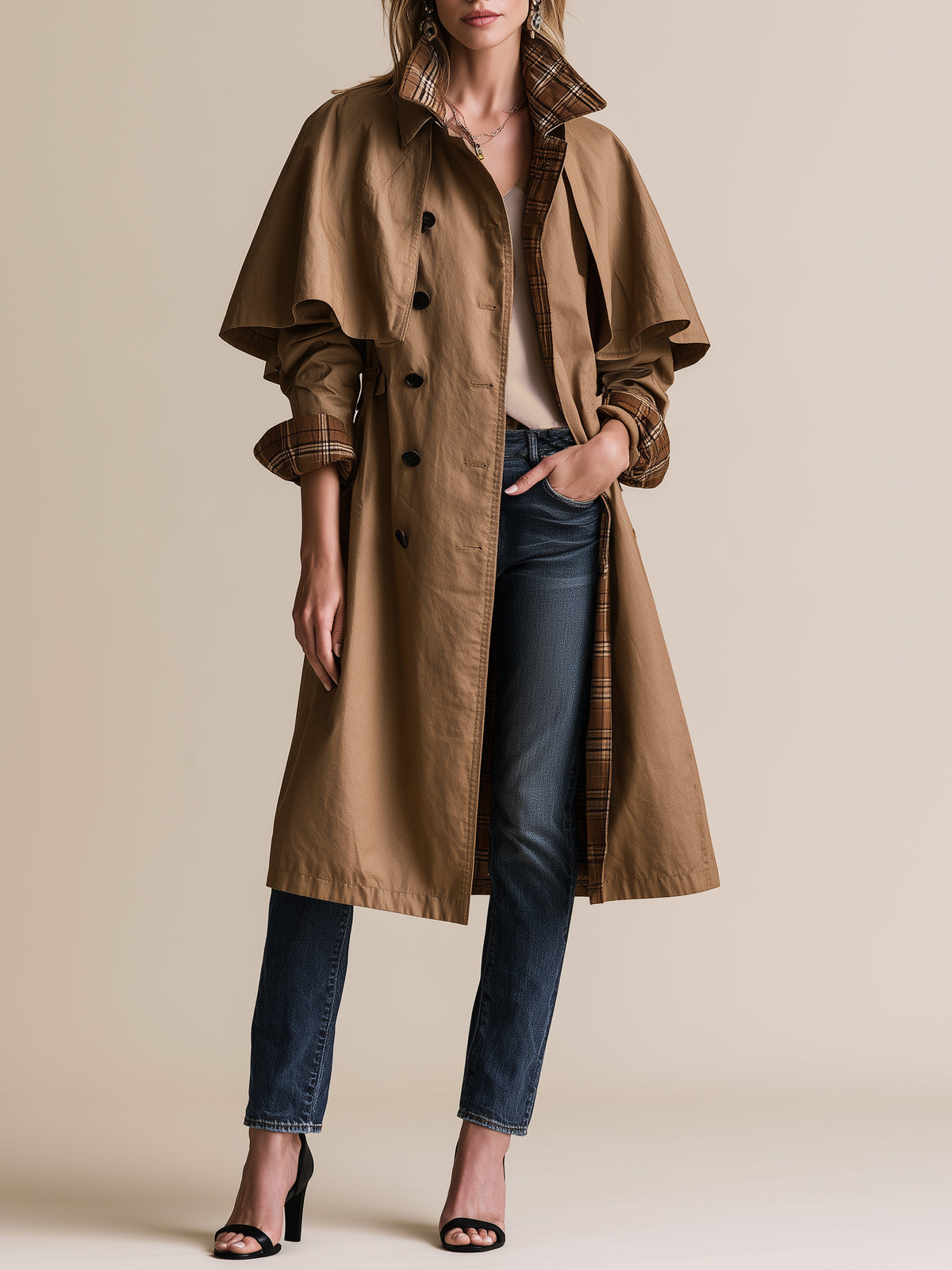 Camel Cape Trench Coat With Plaid Lining And Button Front