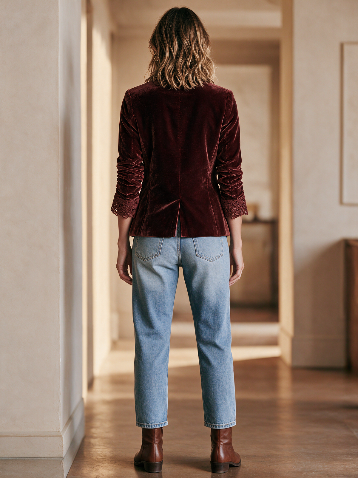 Burgundy Velvet Blazer Jacket With Lace Trim And Single Button Closure