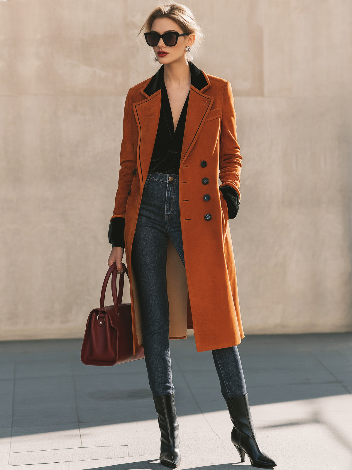 Suede‑Effect Long Coat Overcoat