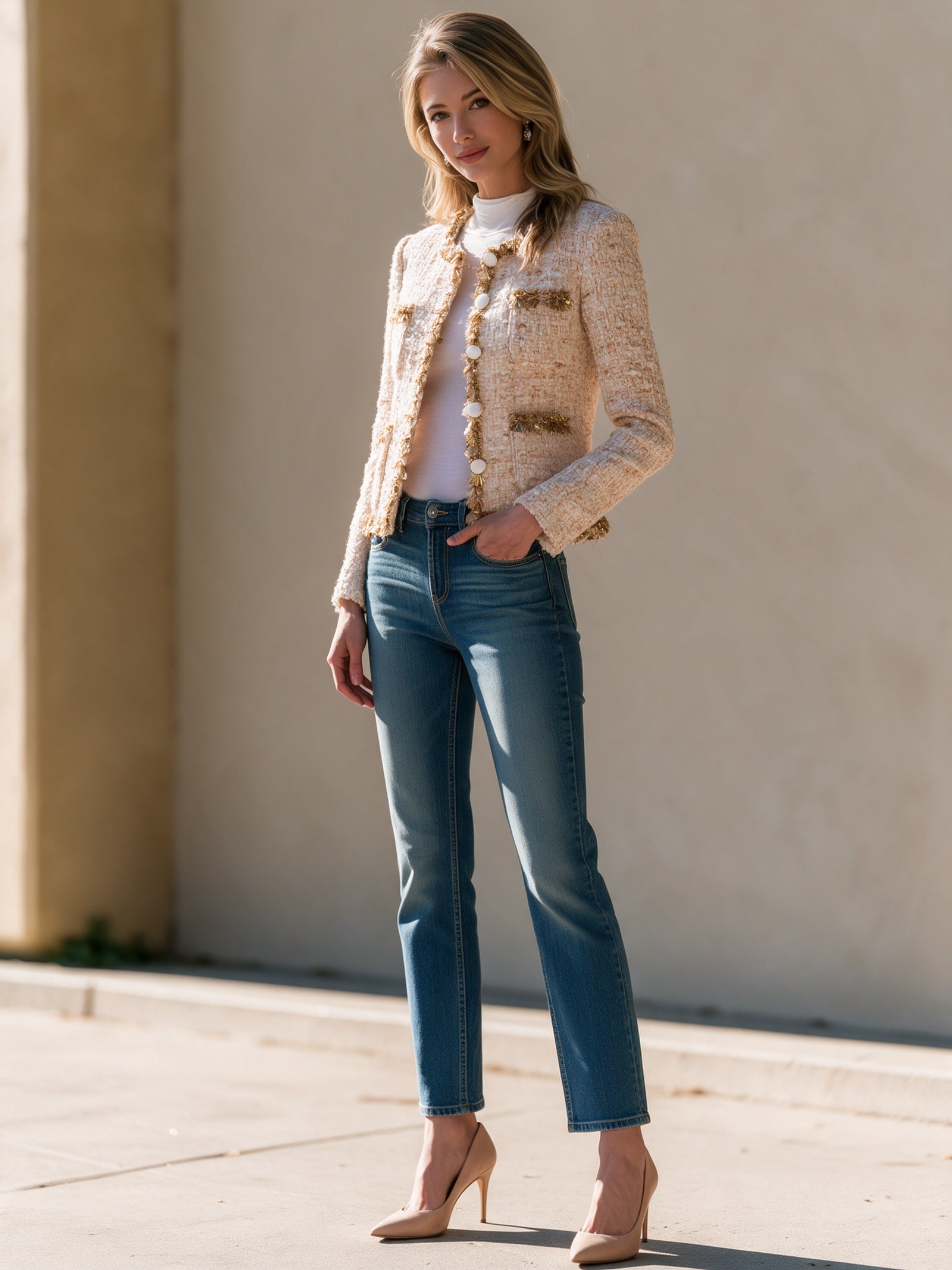 Ivory Tweed Fringe-Trim Button Jacket