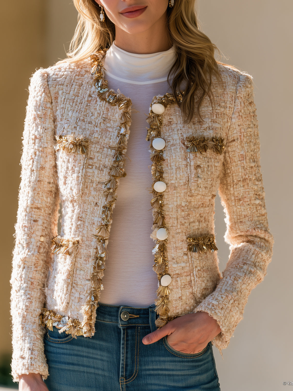 Ivory Tweed Fringe-Trim Button Jacket