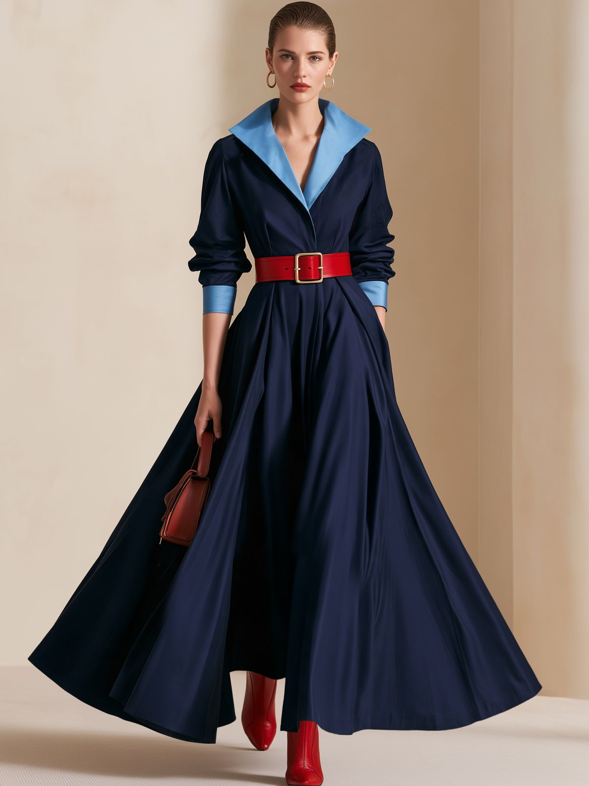 Color‑Contrast Collar Belted Full‑Skirt Maxi Shirt Dress