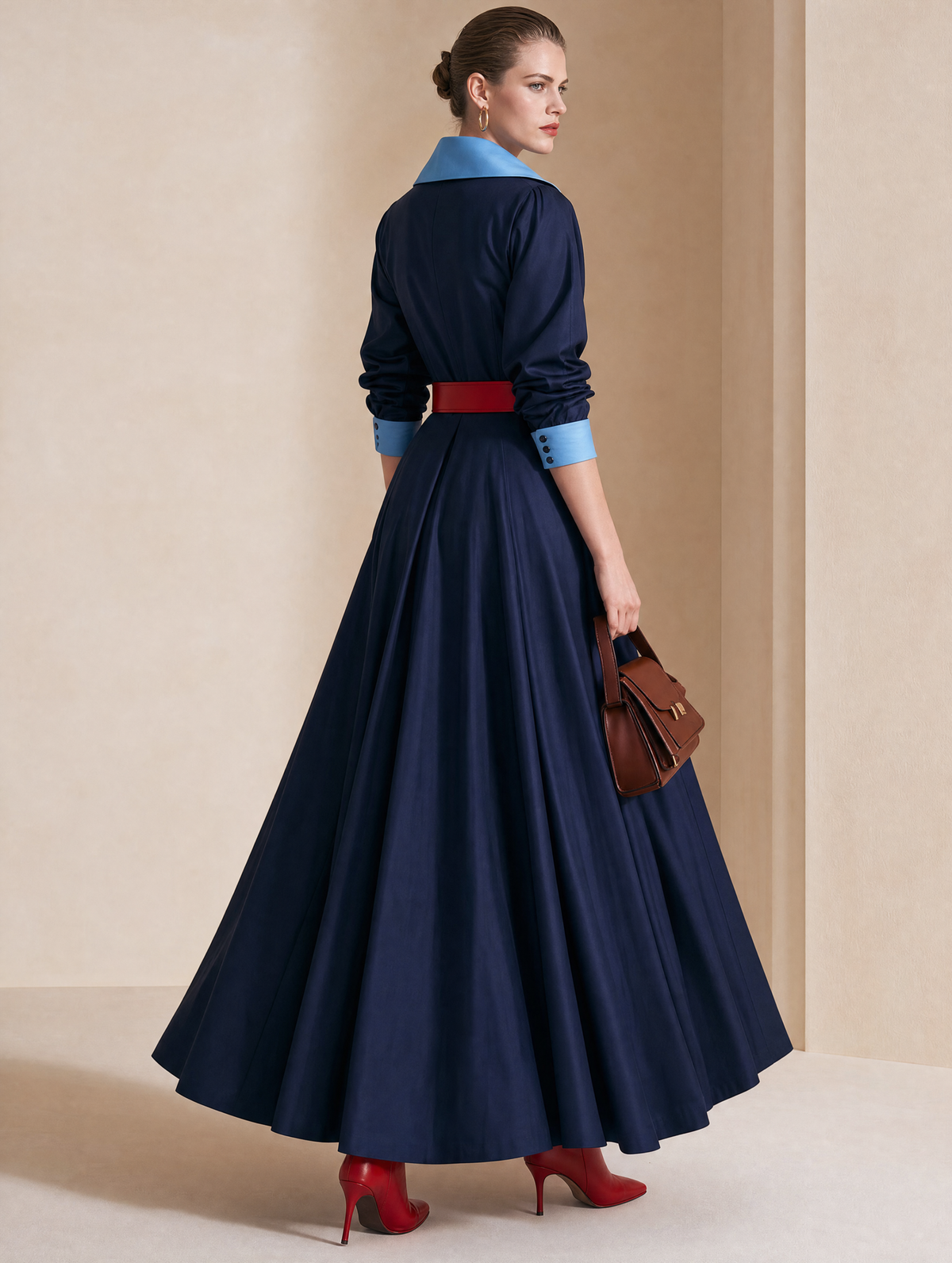 Color‑Contrast Collar Belted Full‑Skirt Maxi Shirt Dress