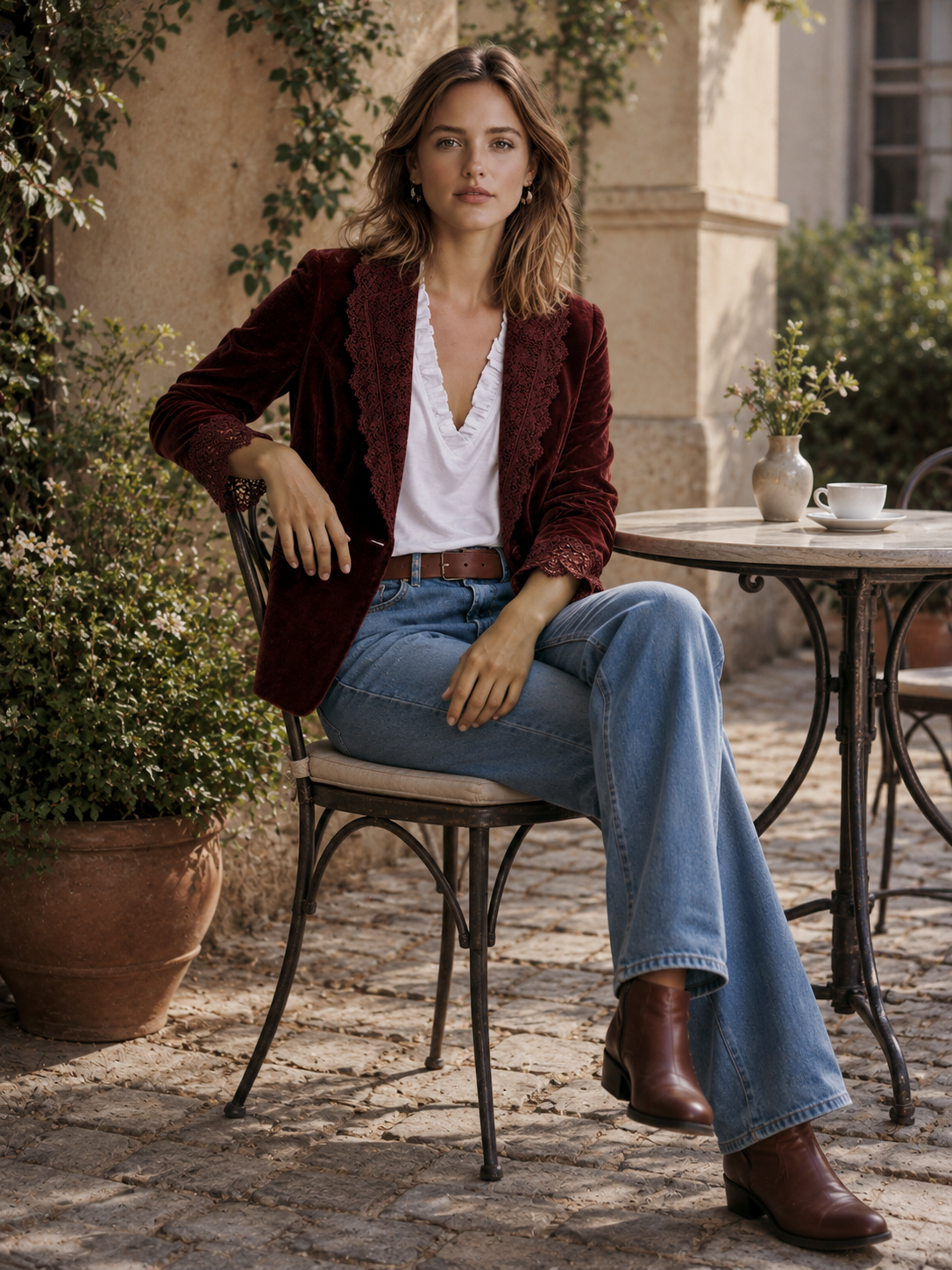 Burgundy Velvet Blazer Jacket With Lace Trim And Single Button Closure