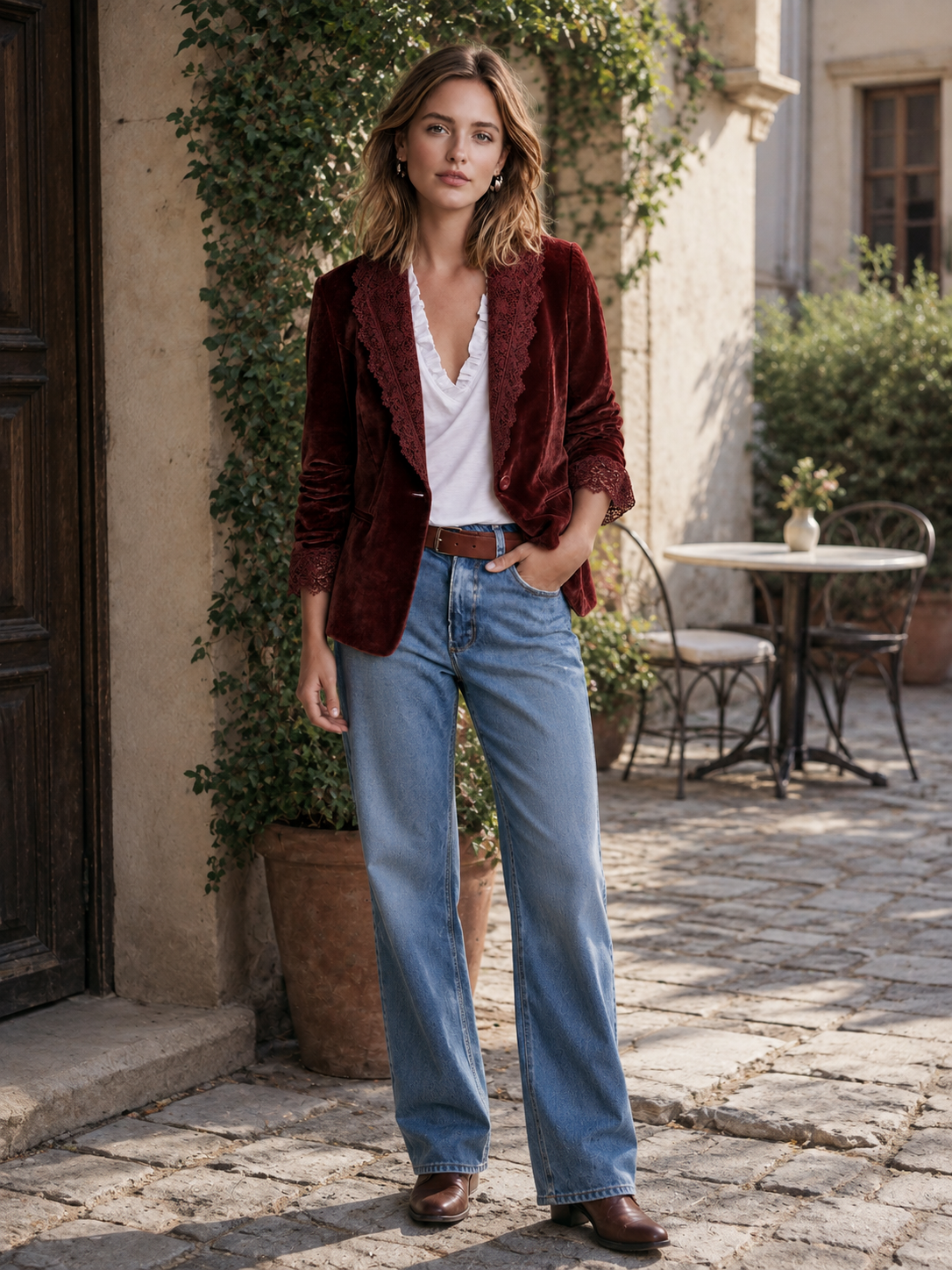 Burgundy Velvet Blazer Jacket With Lace Trim And Single Button Closure