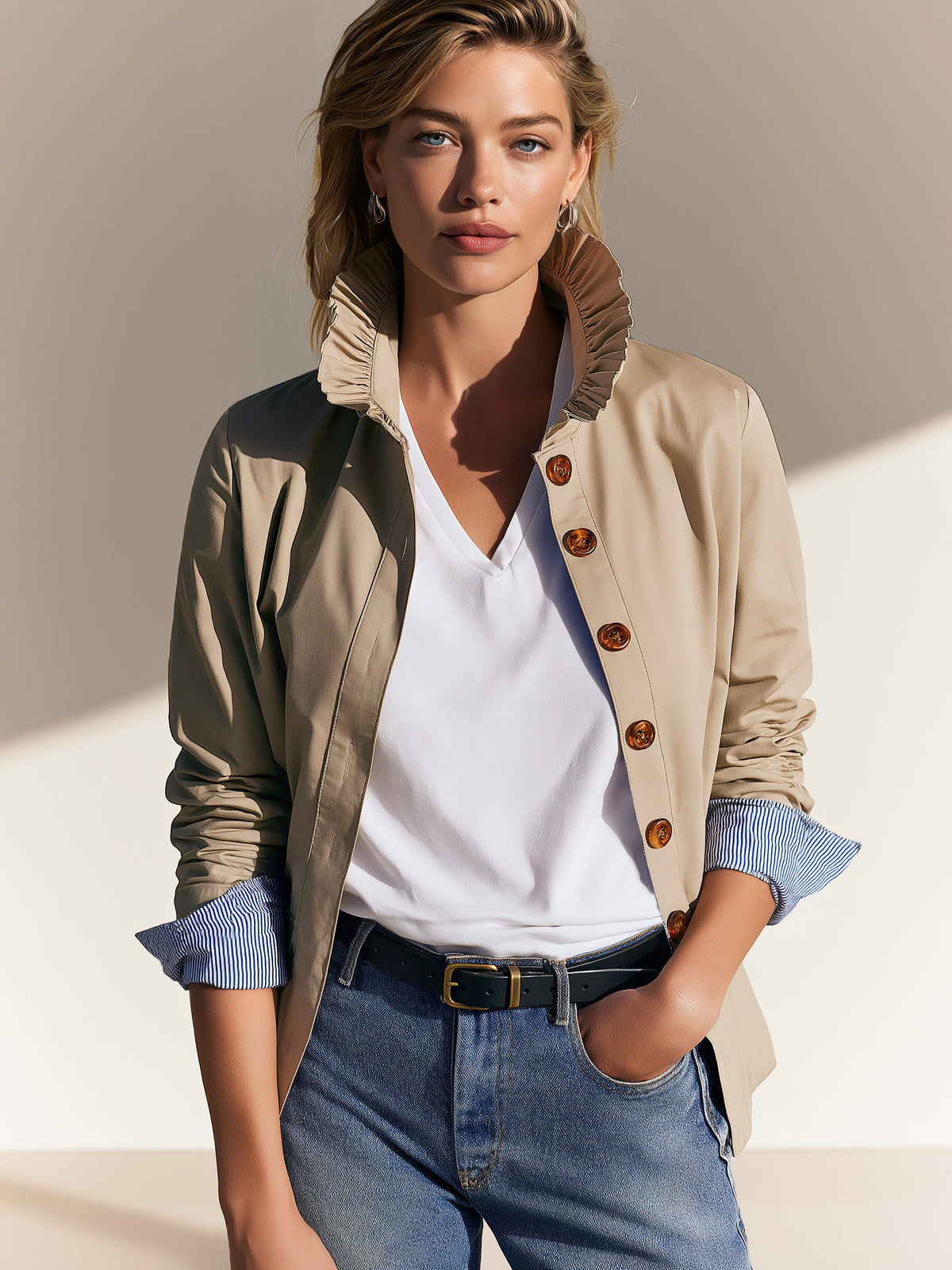 Khaki Ruffle‑Collared Jacket Outerwear