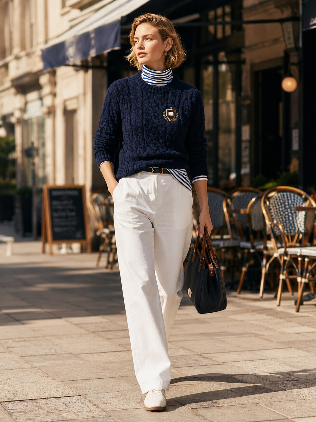 Elegant Navy Blue Cable-knit Striped Mock-neck Faux-layered Top