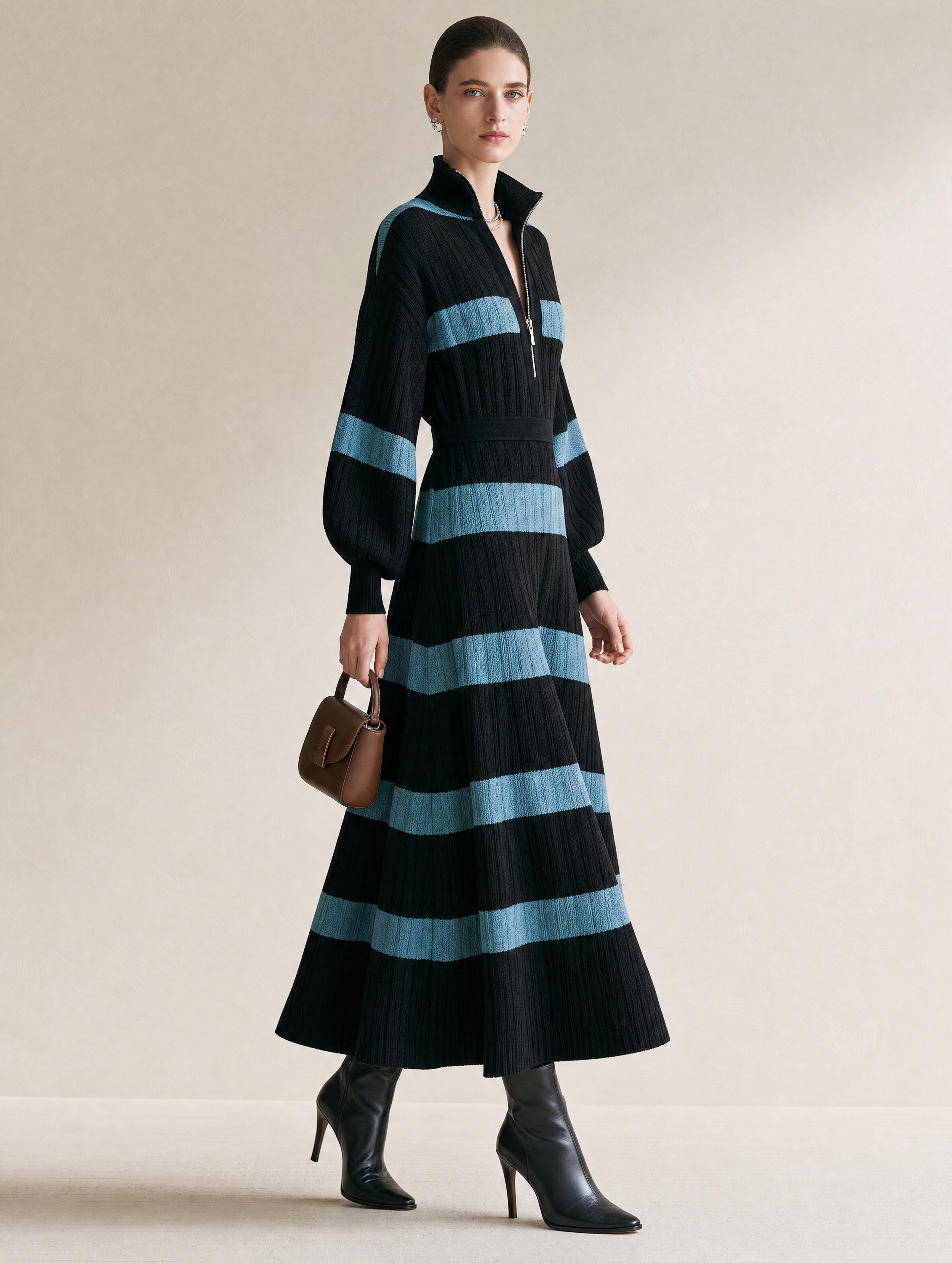 Color‑Block Half‑Zip Collar Striped Waisted Knit Maxi Dress