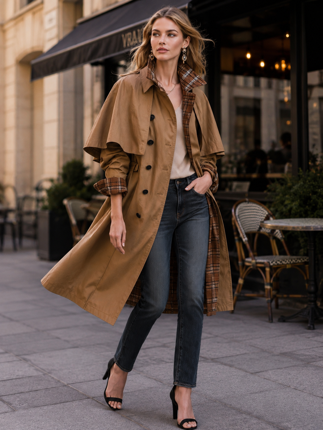 Camel Cape Trench Coat With Plaid Lining And Button Front
