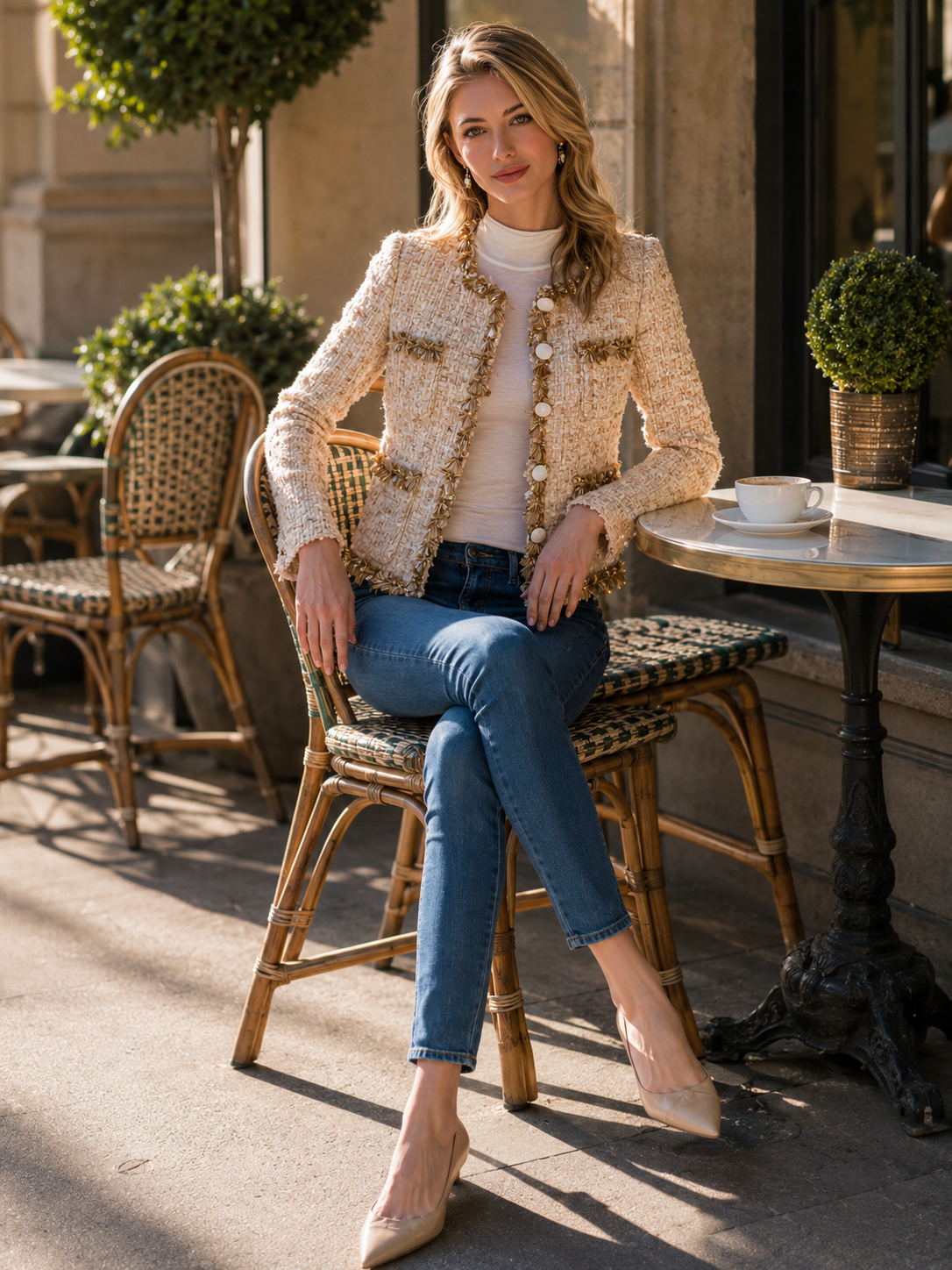 Ivory Tweed Fringe-Trim Button Jacket