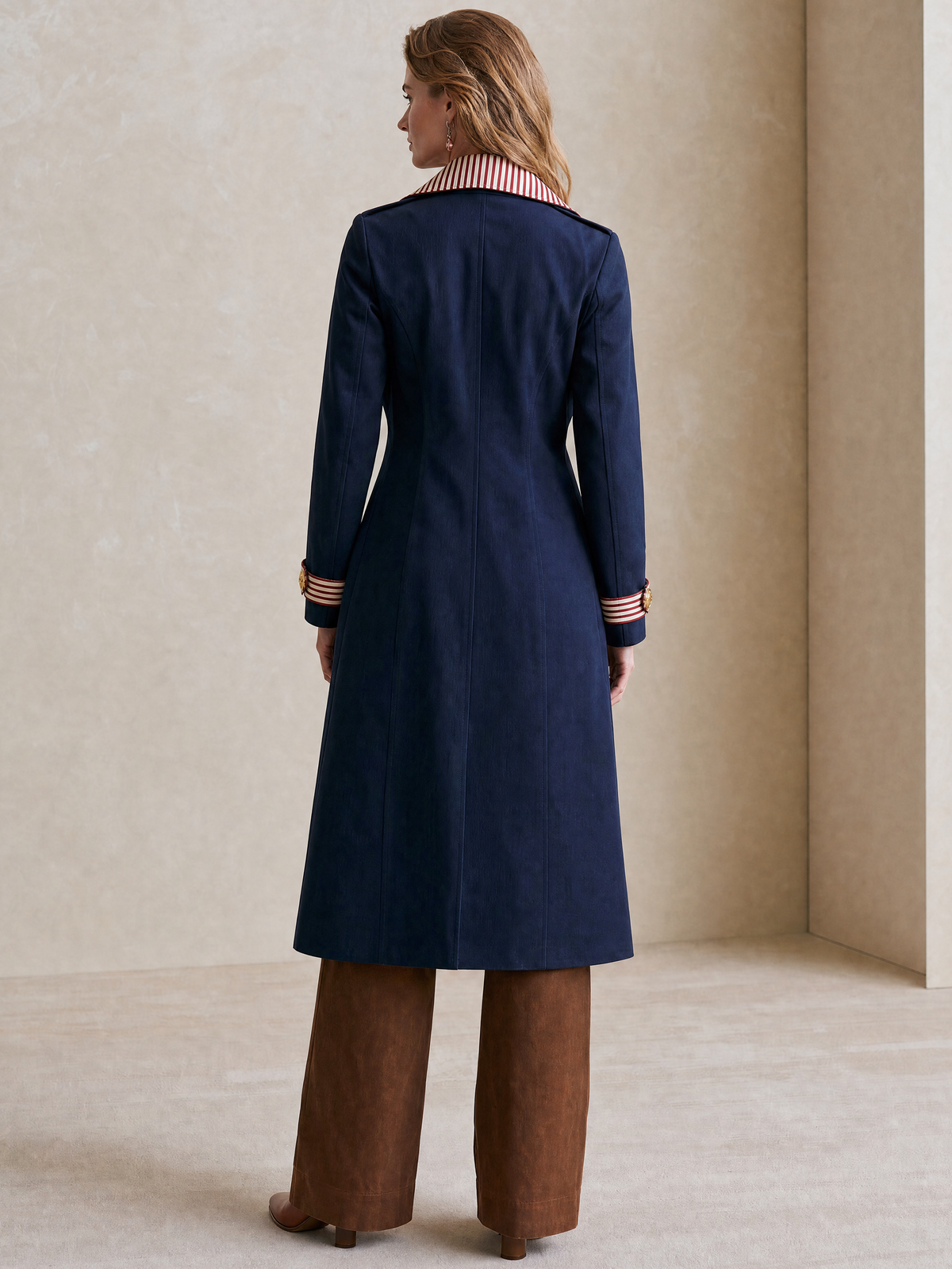Elegant Navy Contrast-Stripe Double-Breasted Trench Coat