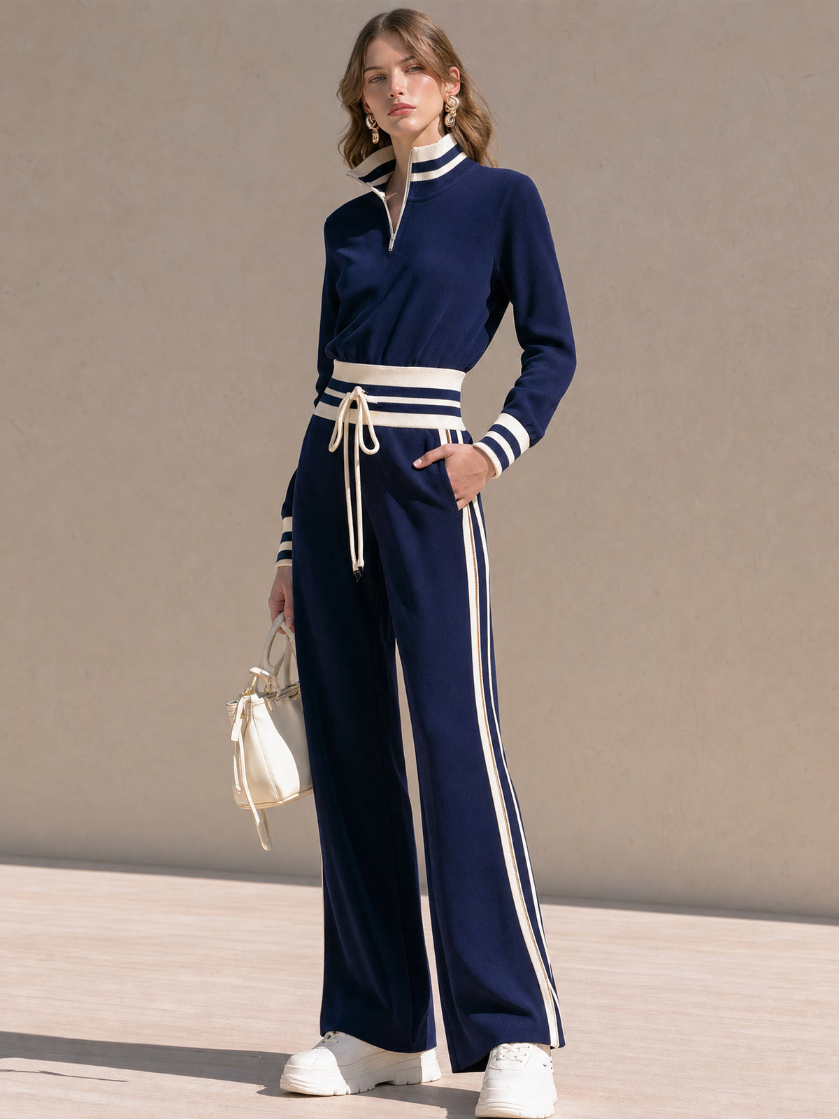 Half‑Zip Stand‑Collar Drawstring Waist Jumpsuit