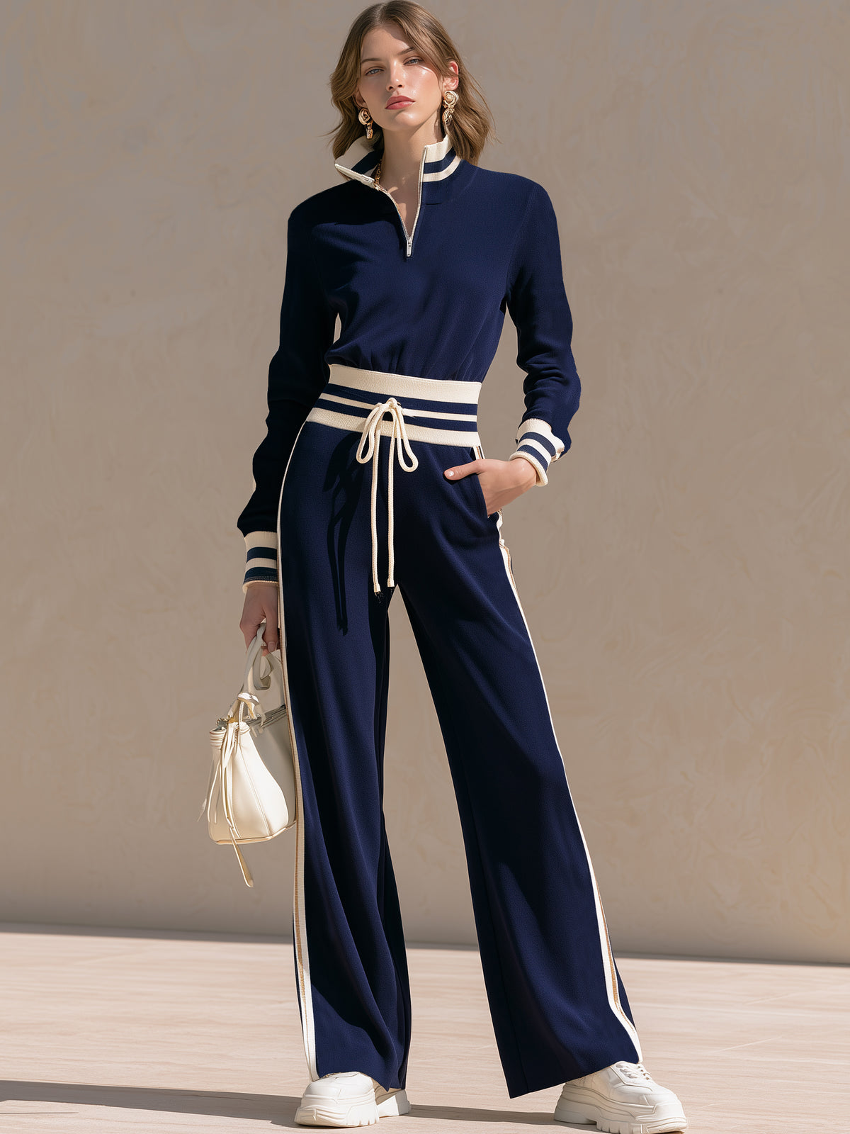 Half‑Zip Stand‑Collar Drawstring Waist Jumpsuit