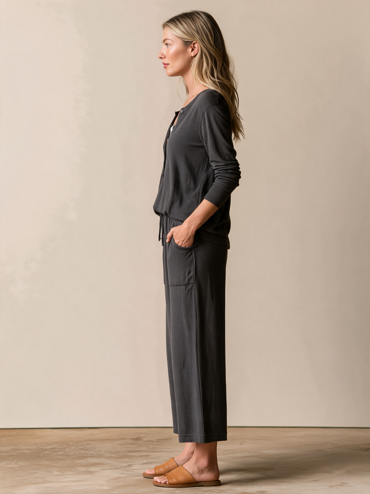 Charcoal Button-Front Knit Top And Wide-Leg Pants Set