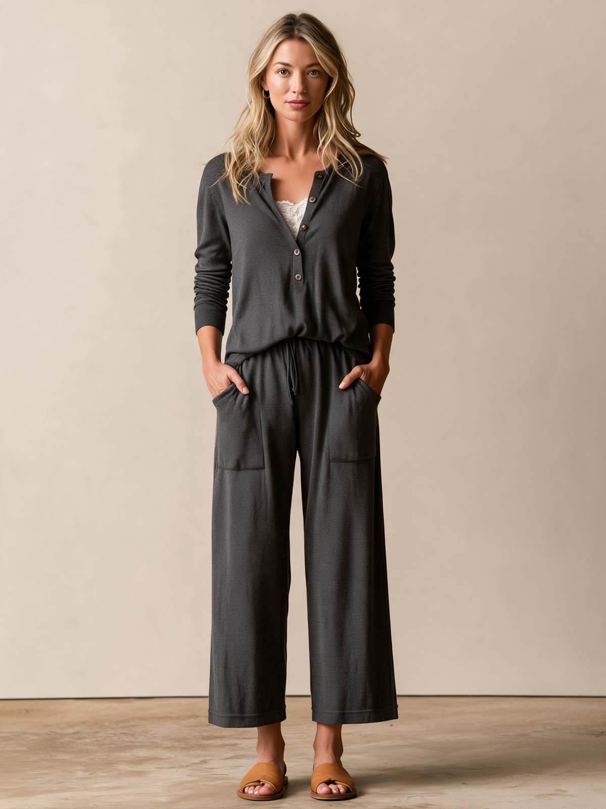 Charcoal Button-Front Knit Top And Wide-Leg Pants Set