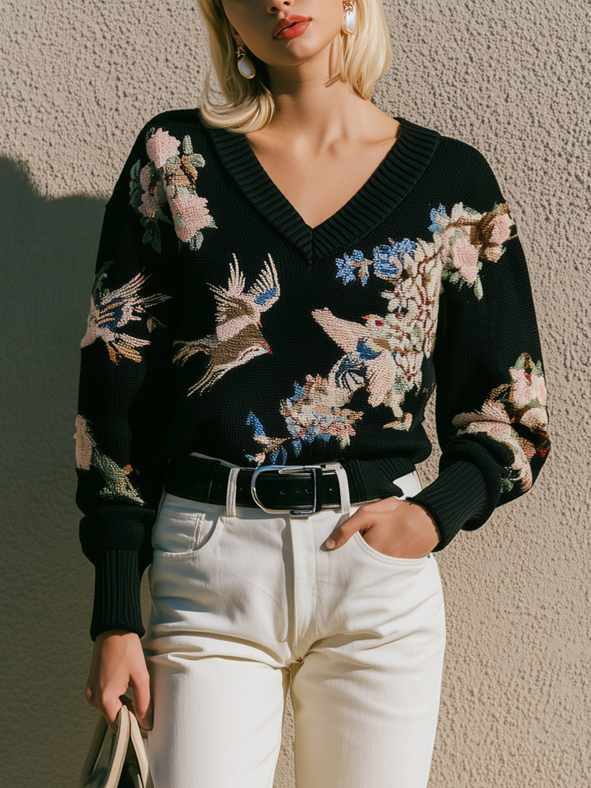 Black V‑Neck Bird‑Floral Knit Sweater