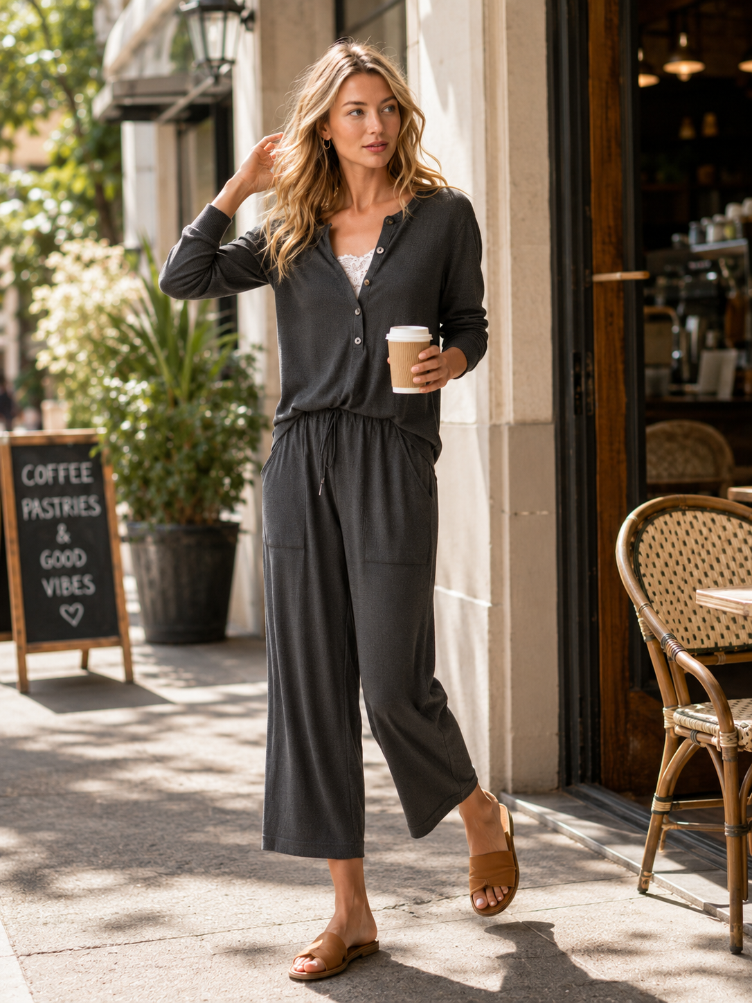 Charcoal Button-Front Knit Top And Wide-Leg Pants Set