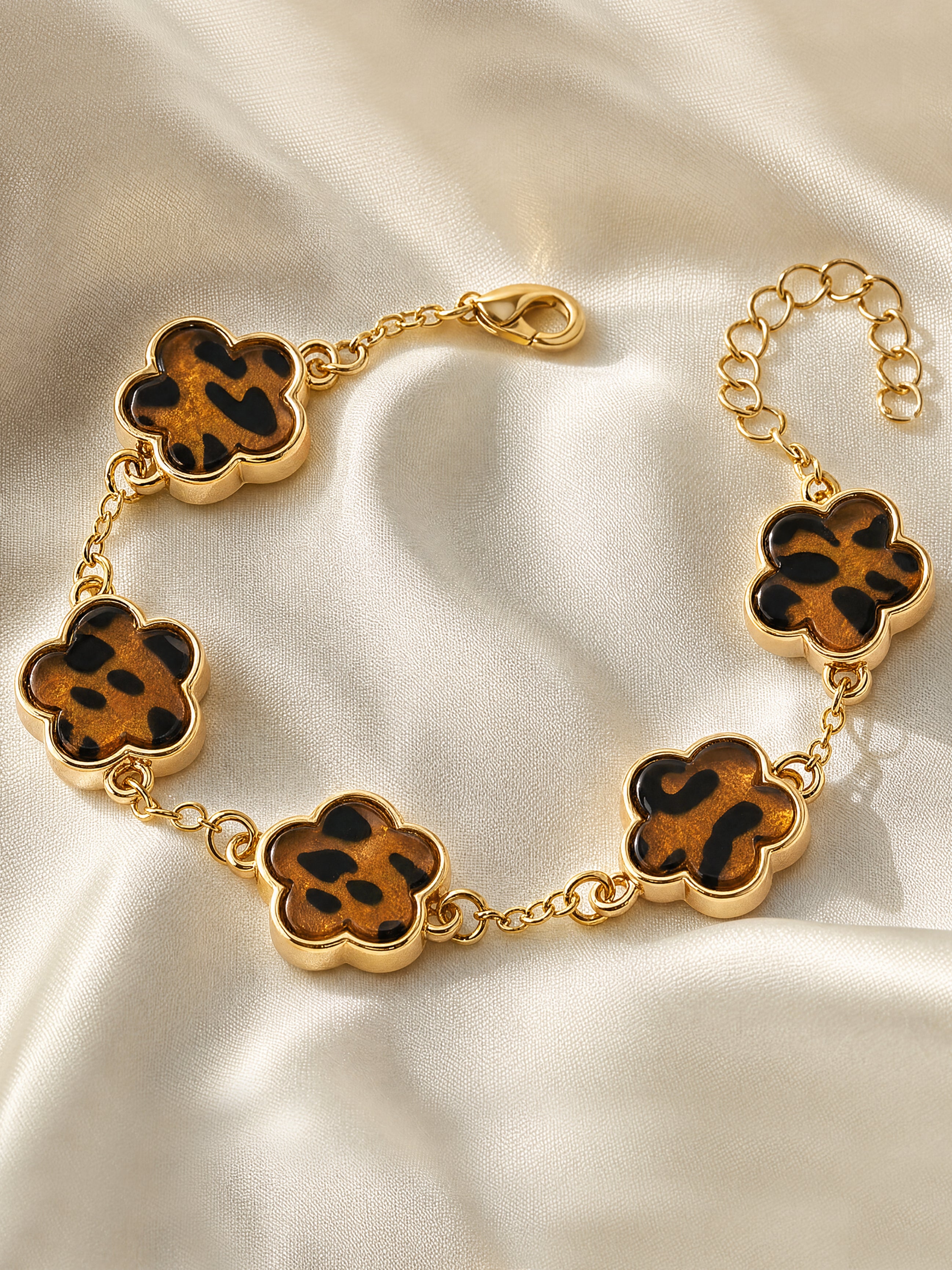 Vintage Clover Link Leopard‑Print Enamel Bracelet