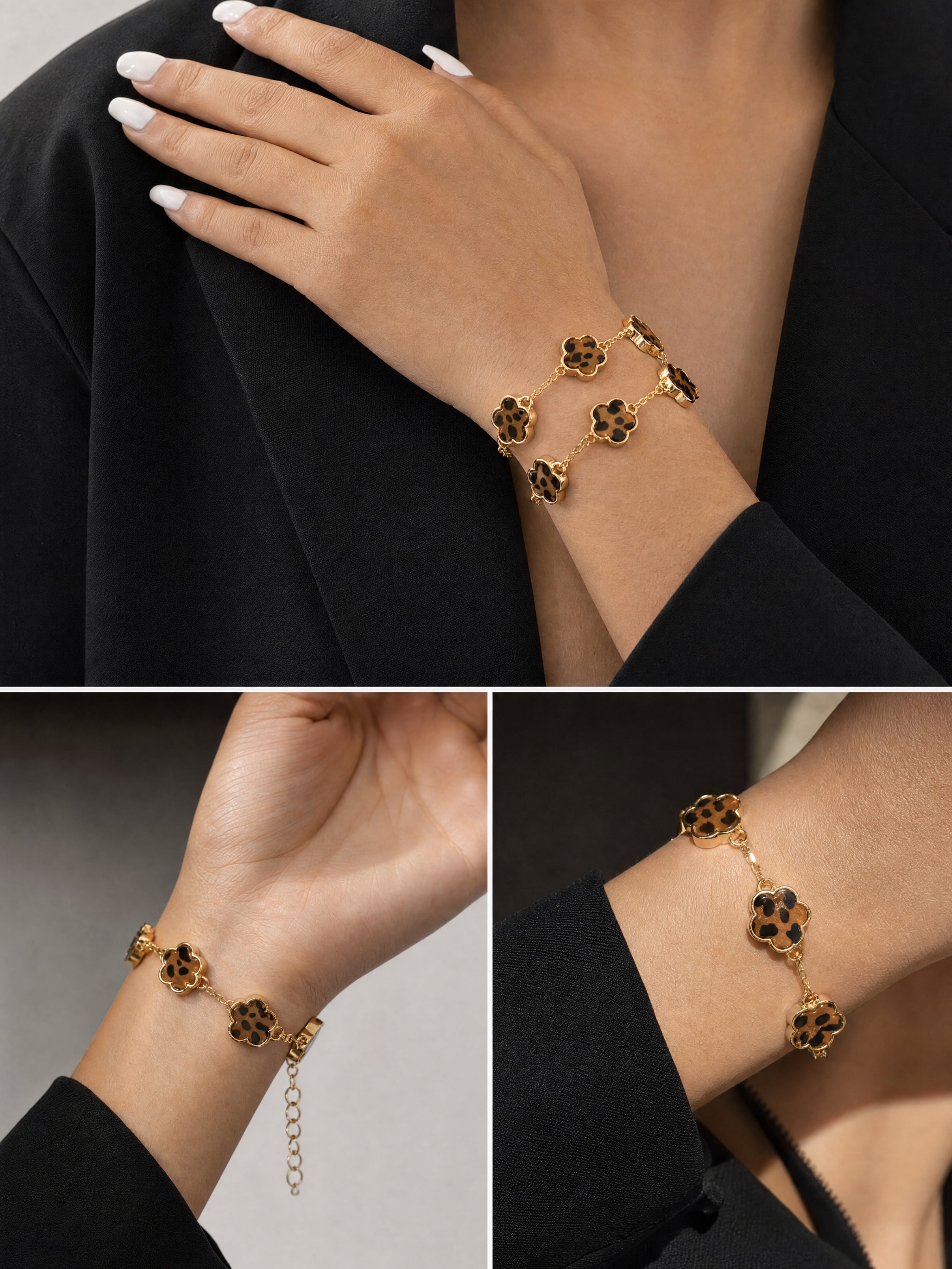Vintage Clover Link Leopard‑Print Enamel Bracelet