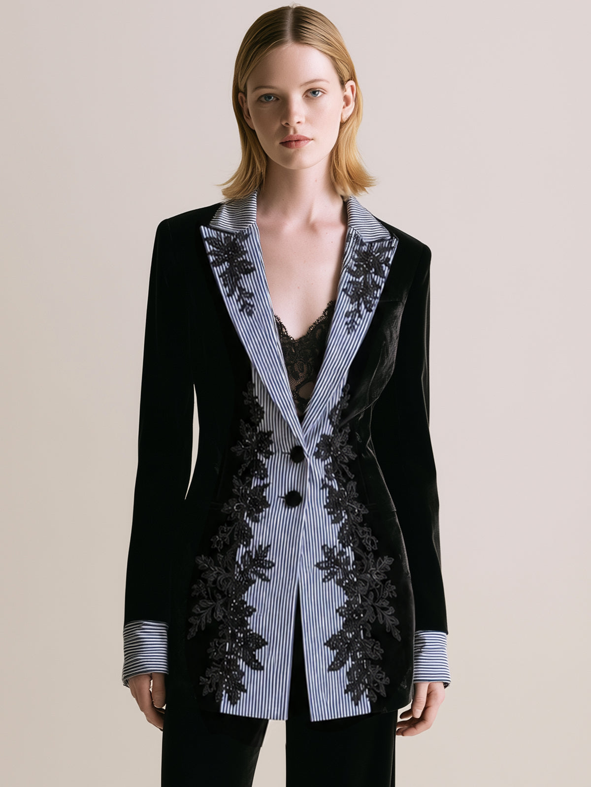 Black Velvet Blazer With Striped Lapel And Lace Trim