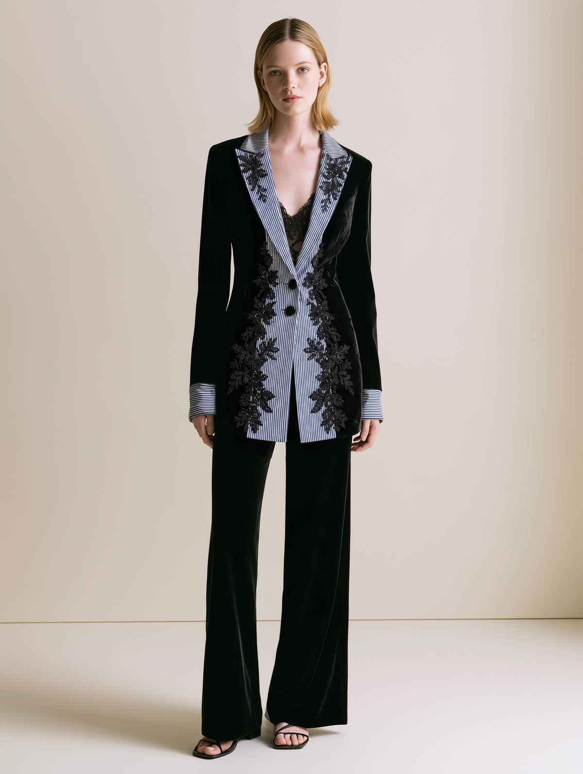 Black Velvet Blazer With Striped Lapel And Lace Trim