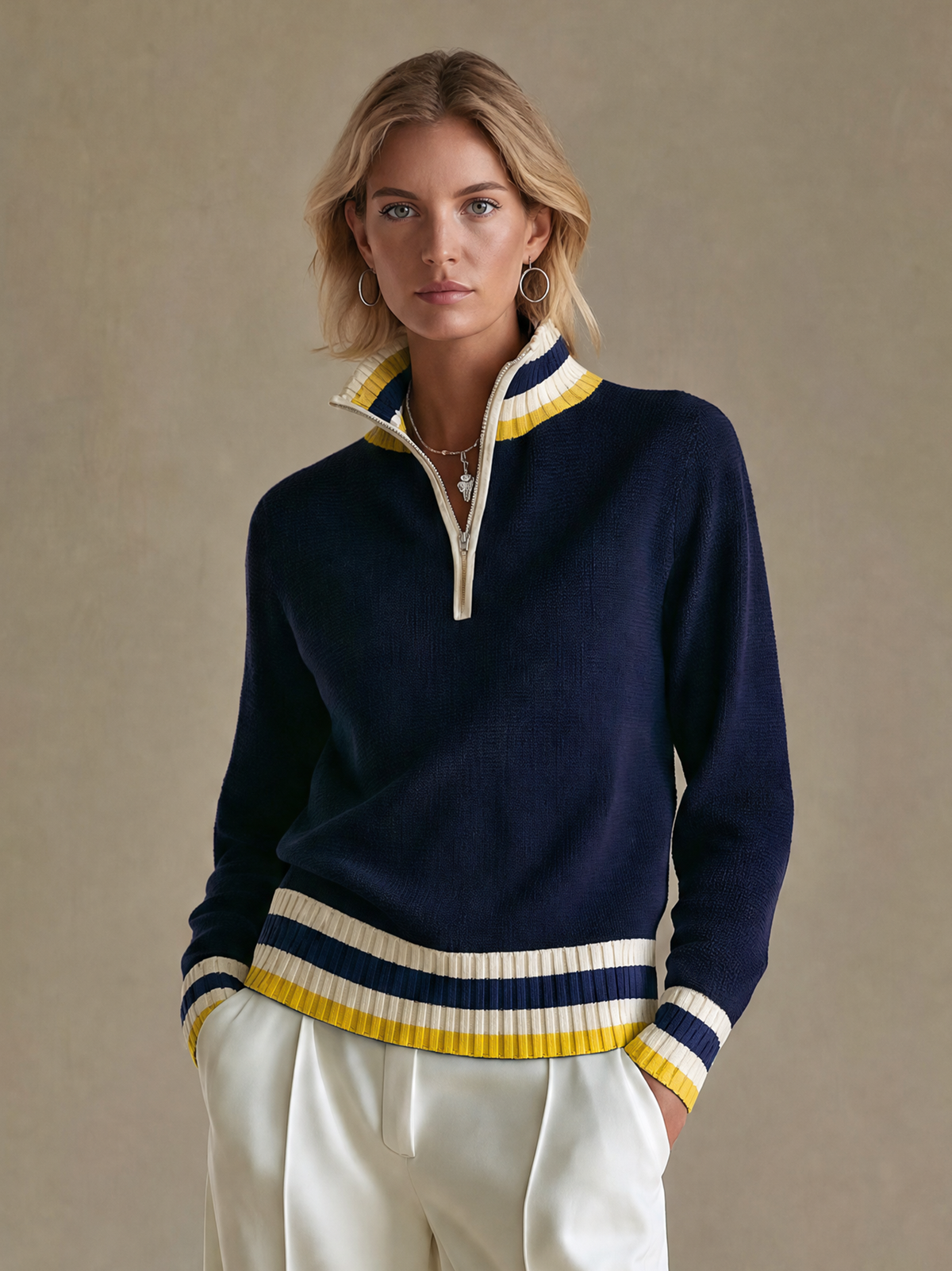 Elegant Navy Yellow-Stripe Contrast Half-Zip Sweater