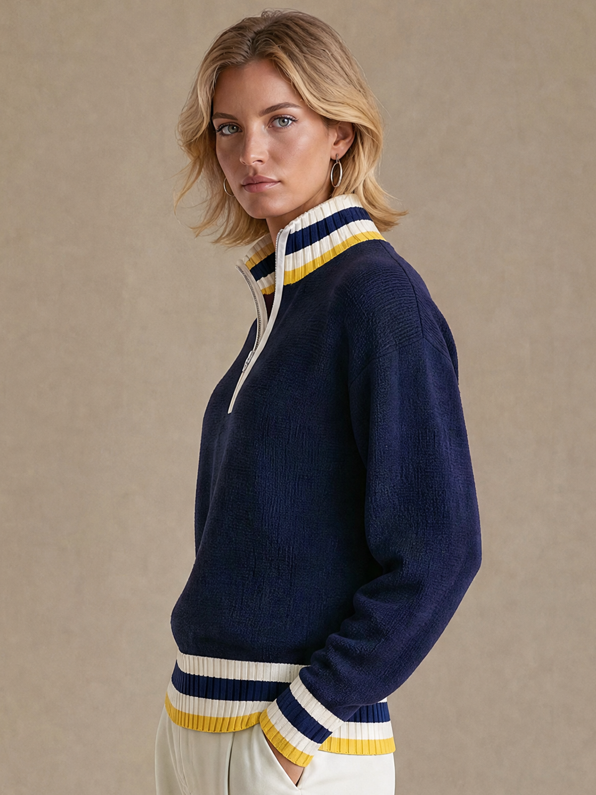 Elegant Navy Yellow-Stripe Contrast Half-Zip Sweater