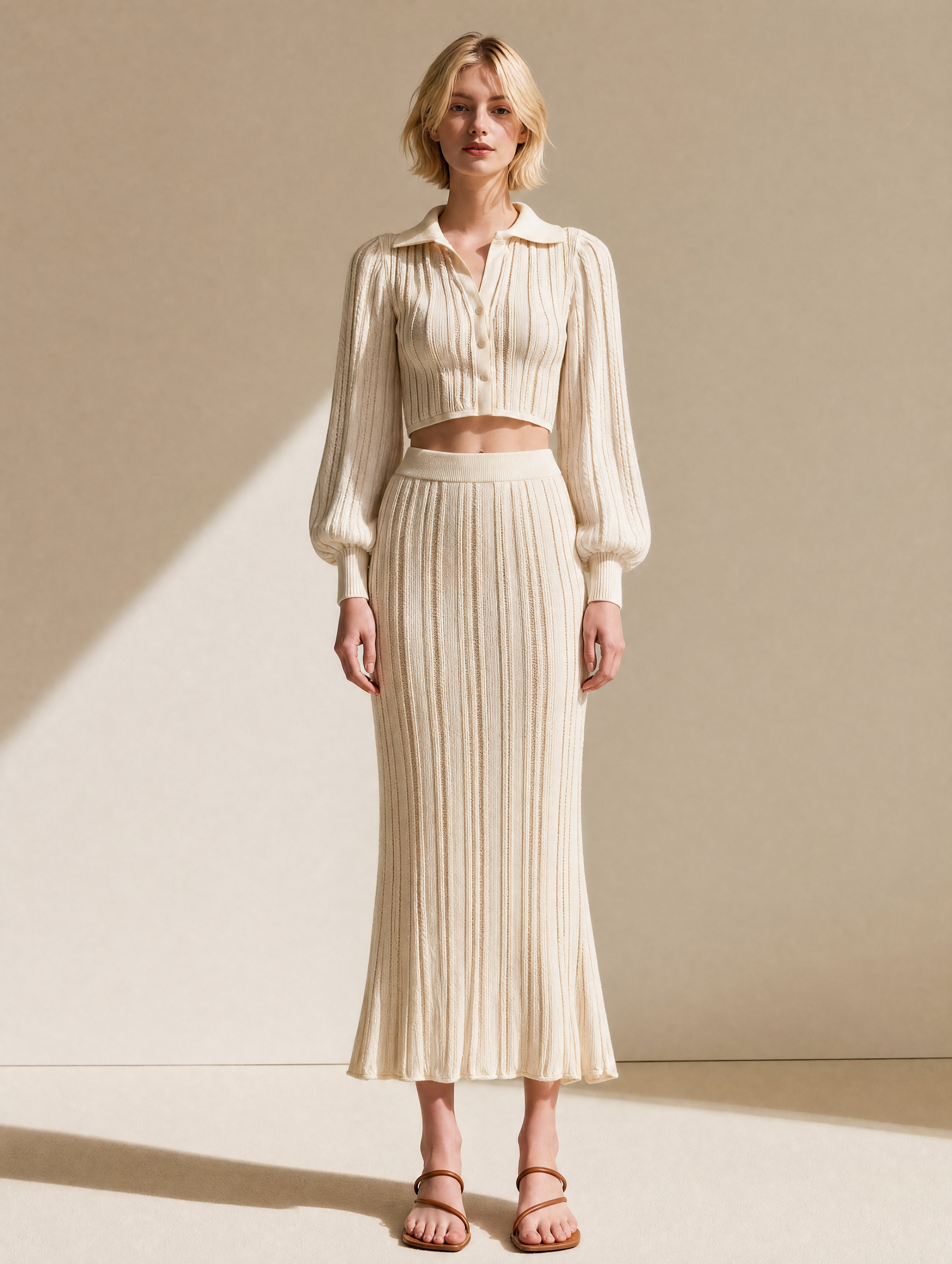 Ivory Cable-Knit Cropped Cardigan And Mermaid Maxi Skirt Set