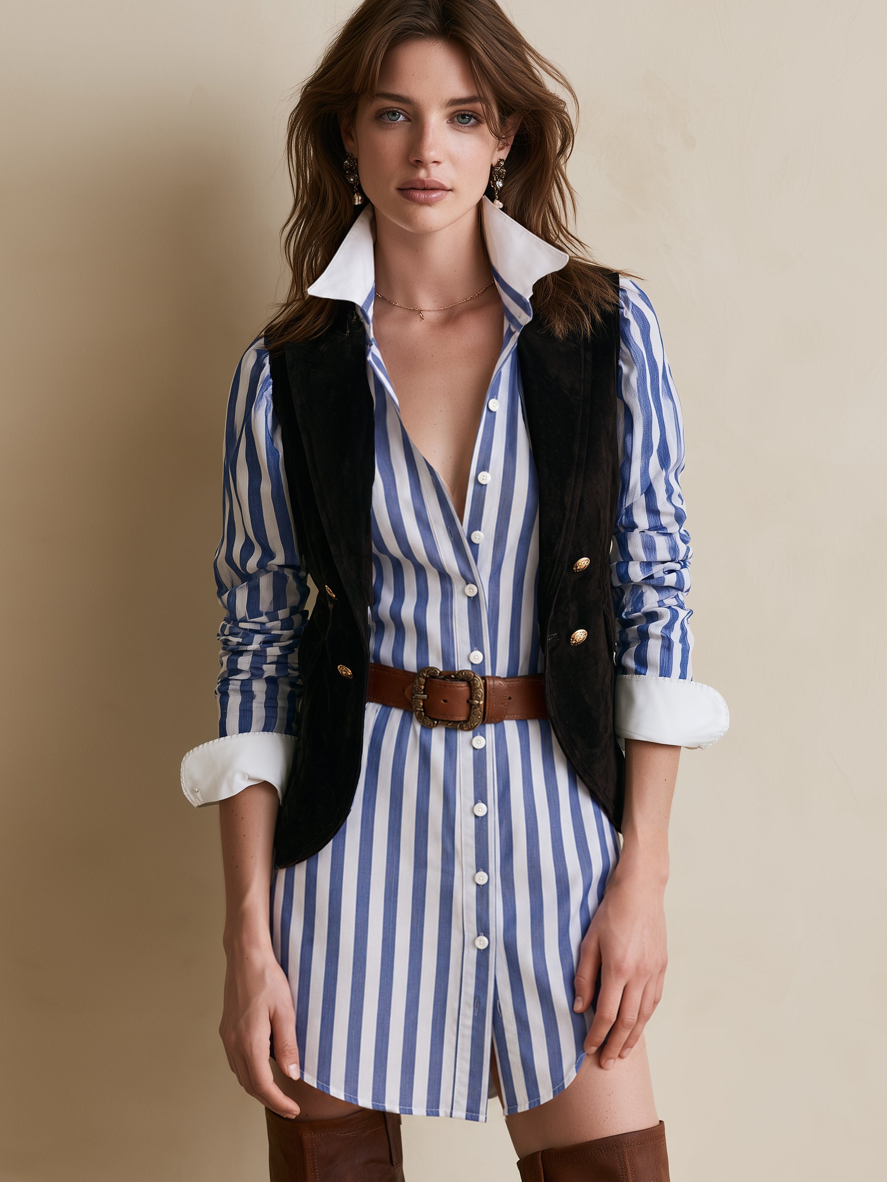 Blue And White Shirt-style Mini Skirt And Black Suede Vest Set
