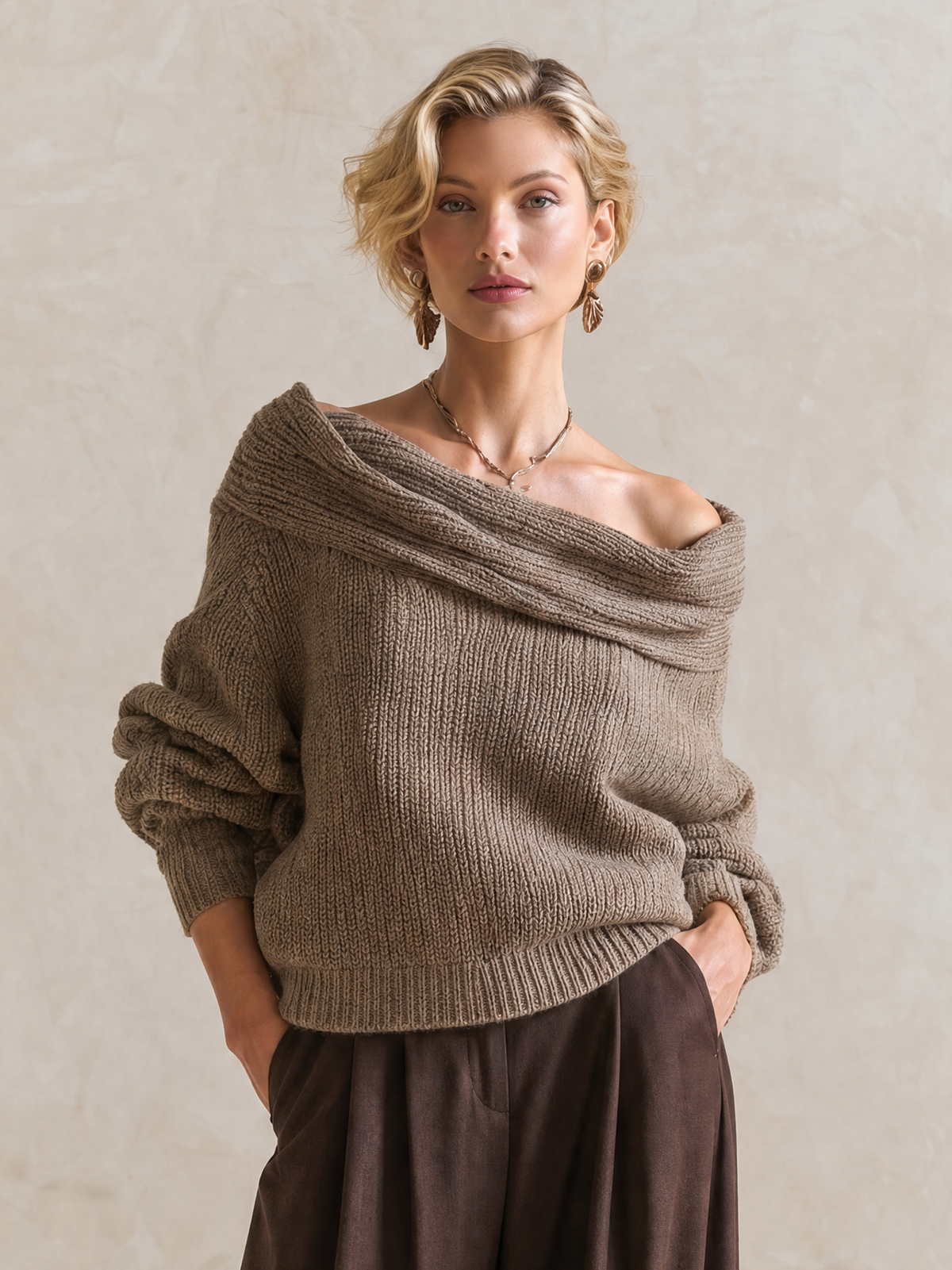 Elegant Taupe Off-Shoulder Foldover Knit Sweater