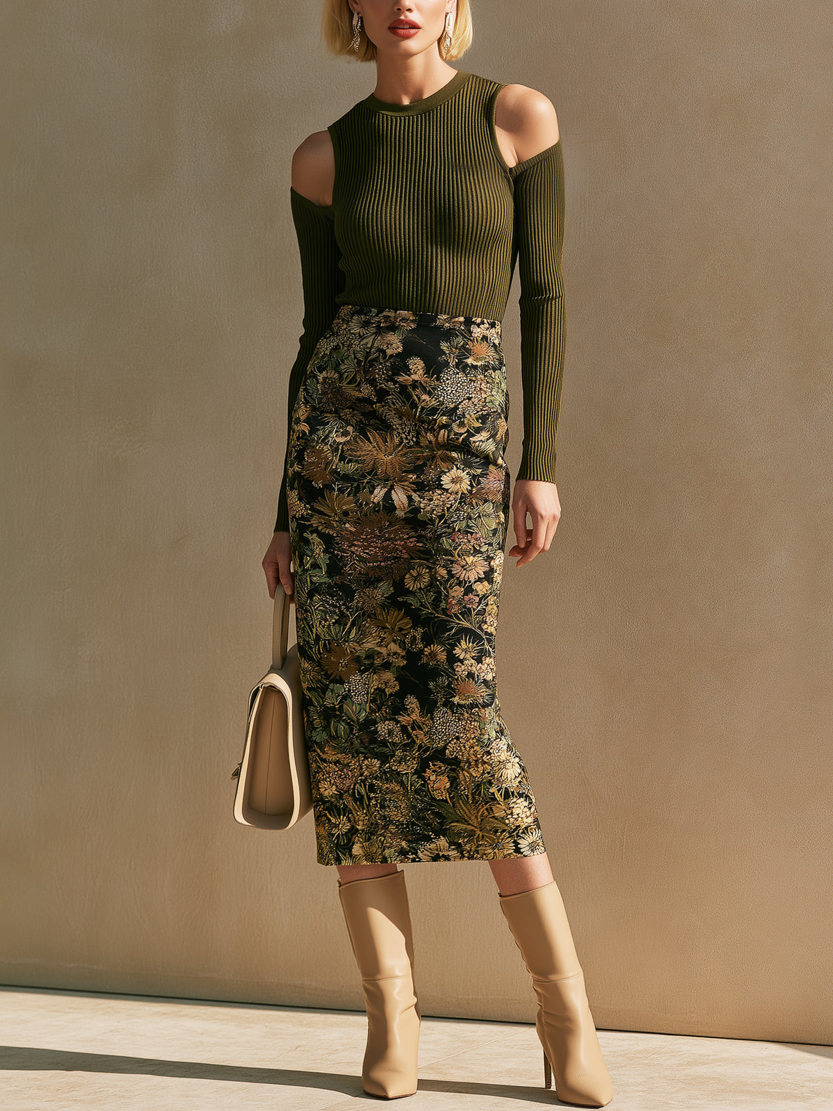 Cold‑Shoulder Knit Top & Floral Midi Skirt Set