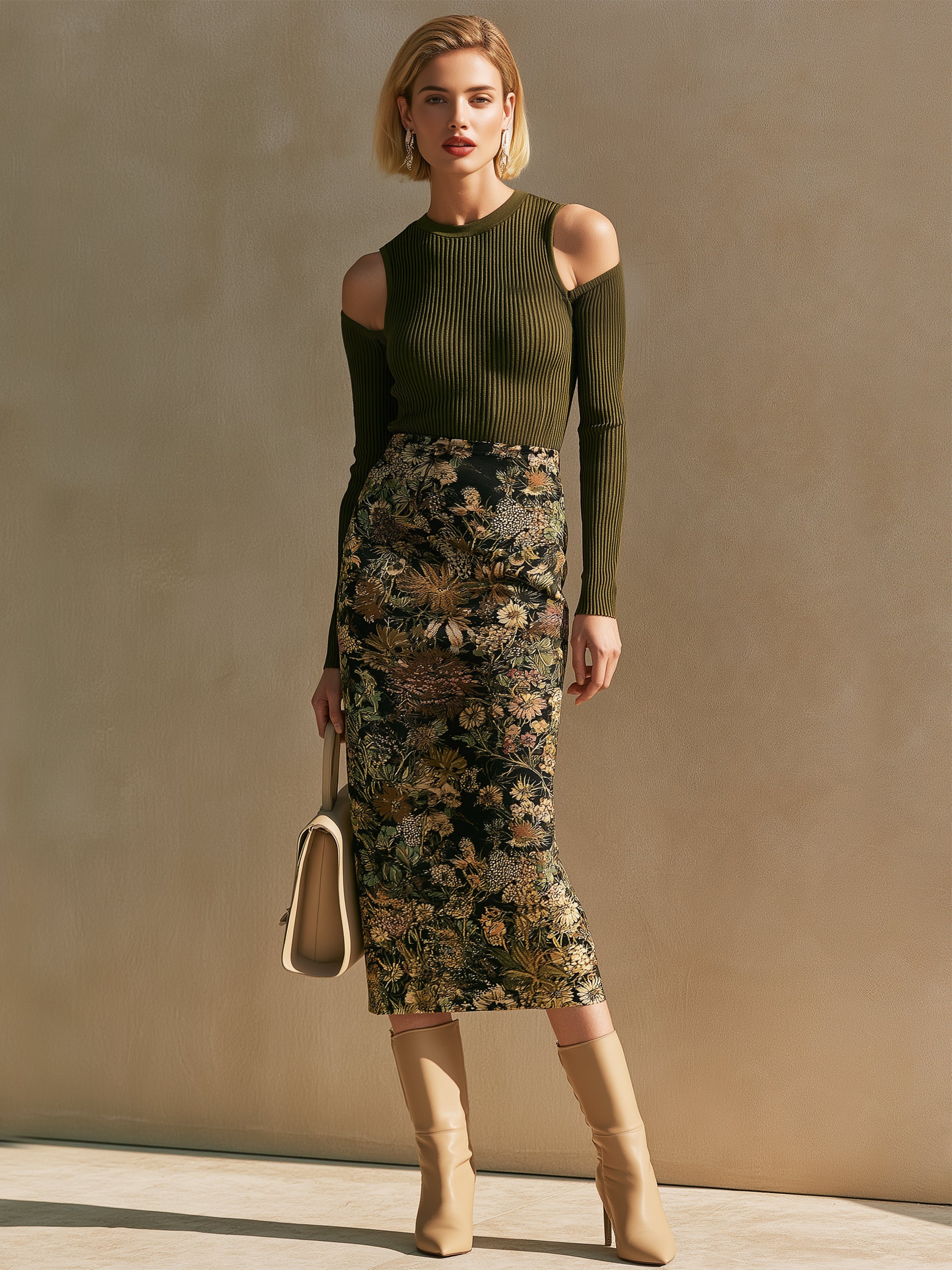 Cold‑Shoulder Knit Top & Floral Midi Skirt Set