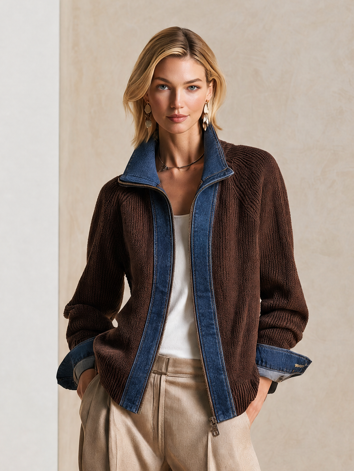 Elegant Dark Brown Denim-Trim Knit Cardigan