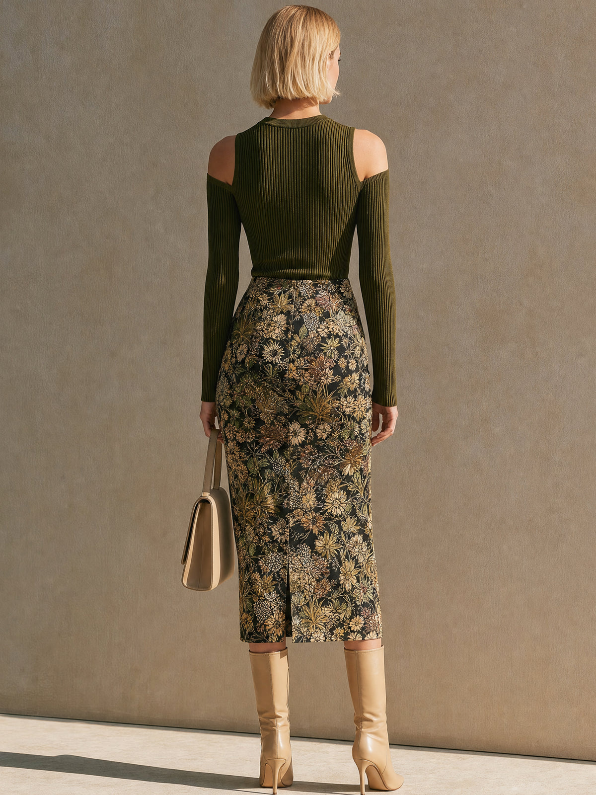 Cold‑Shoulder Knit Top & Floral Midi Skirt Set