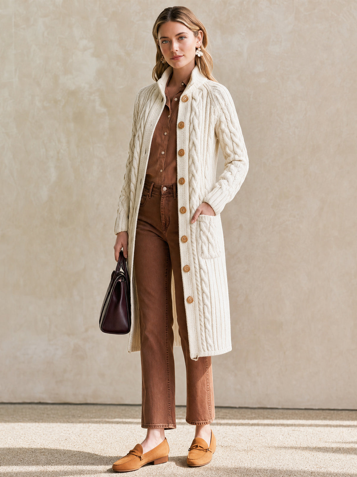 Cable‑Knit Long Cardigan Coat Outerwear