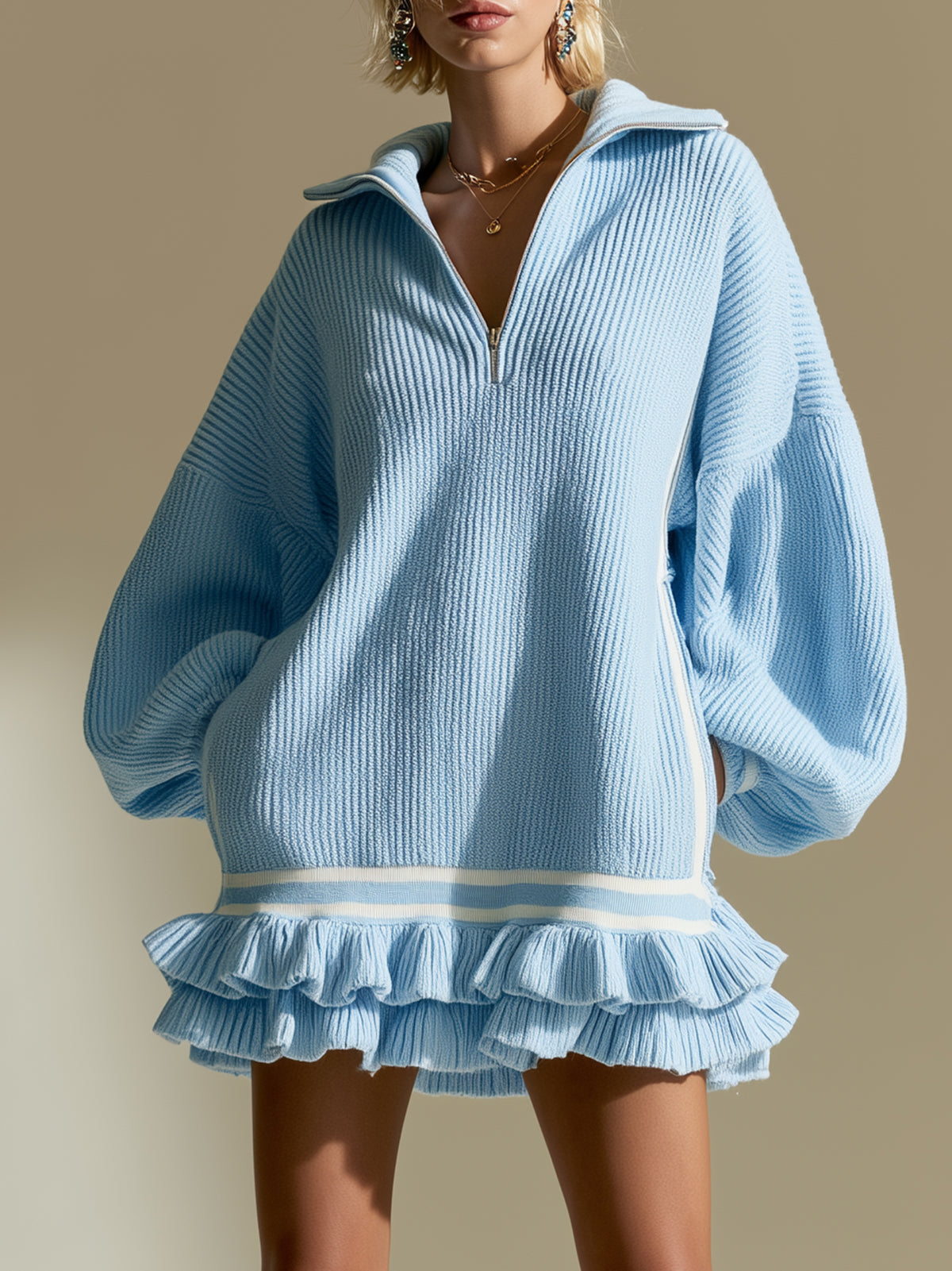 Sky Blue Half-Zip Oversized Knit Mini Dress With Ruffled Hem