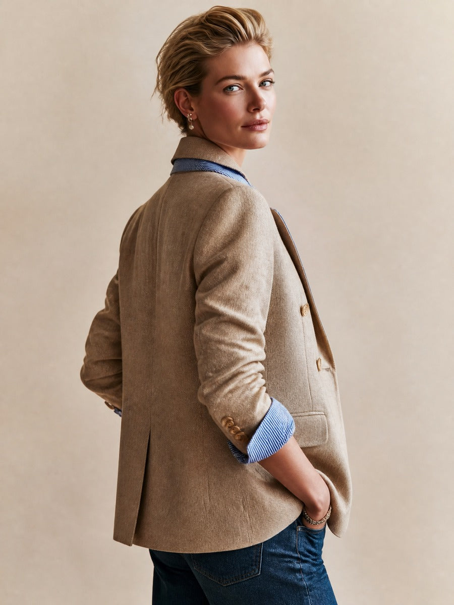 Contrast Stripe Lapel Linen‑Textured Double‑Breasted Blazer