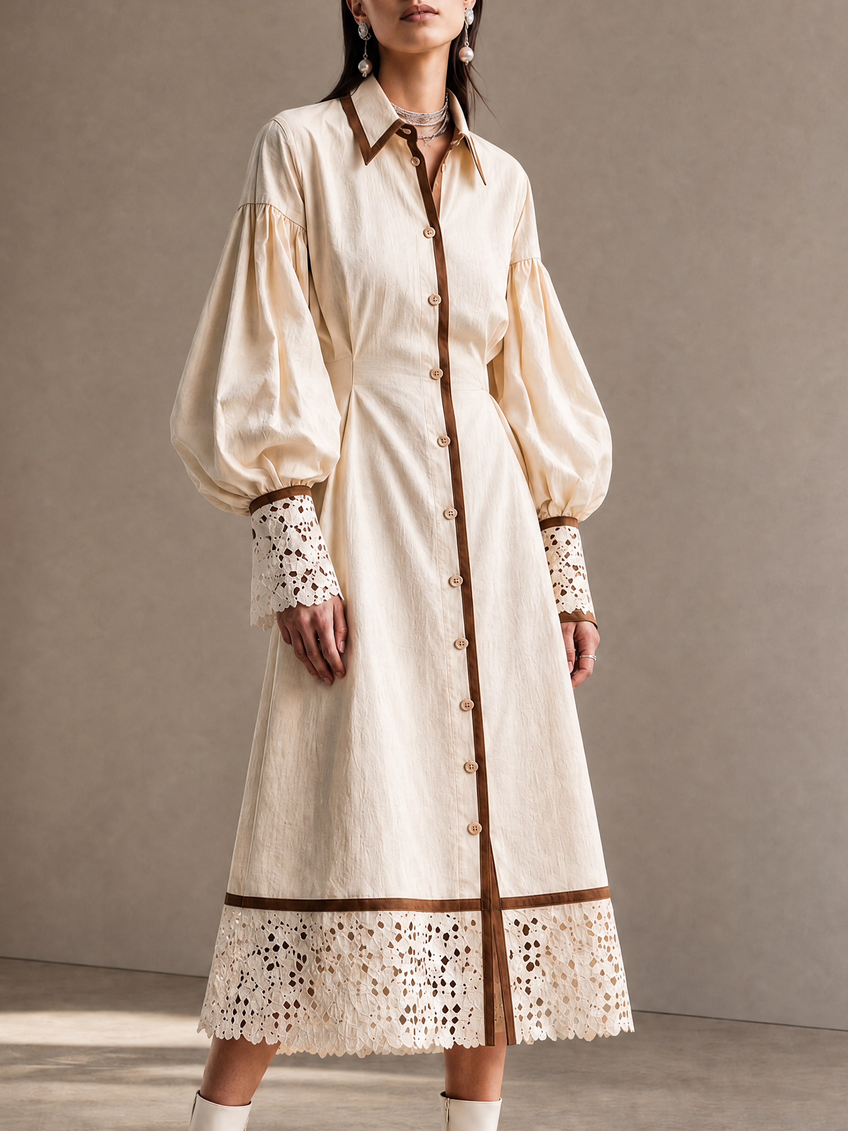 Elegant Ivory Brown-Trim Lace Shirt Dress
