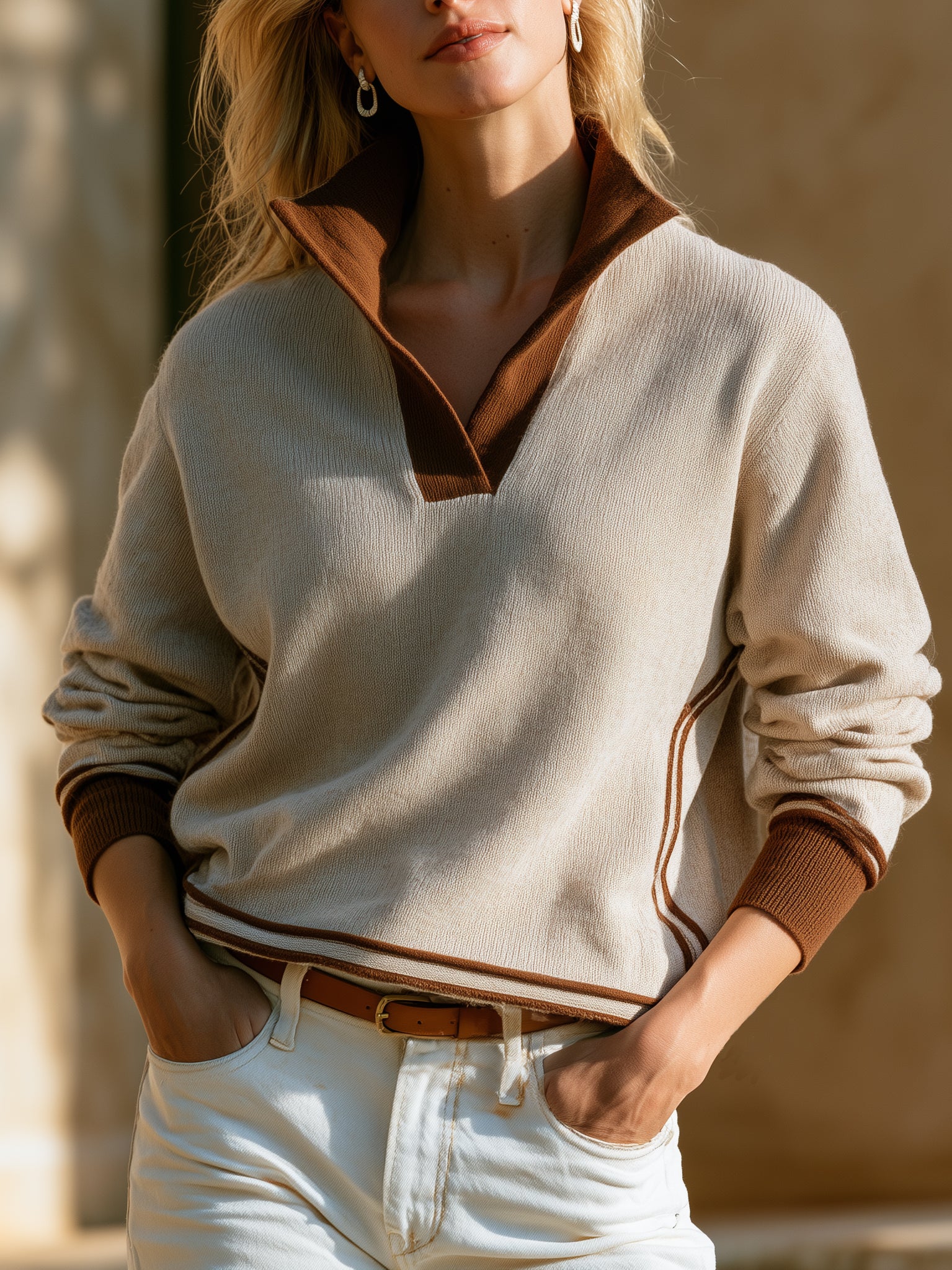 Ivory Quarter-Zip Knit Pullover With Brown Contrast Collar And Trim