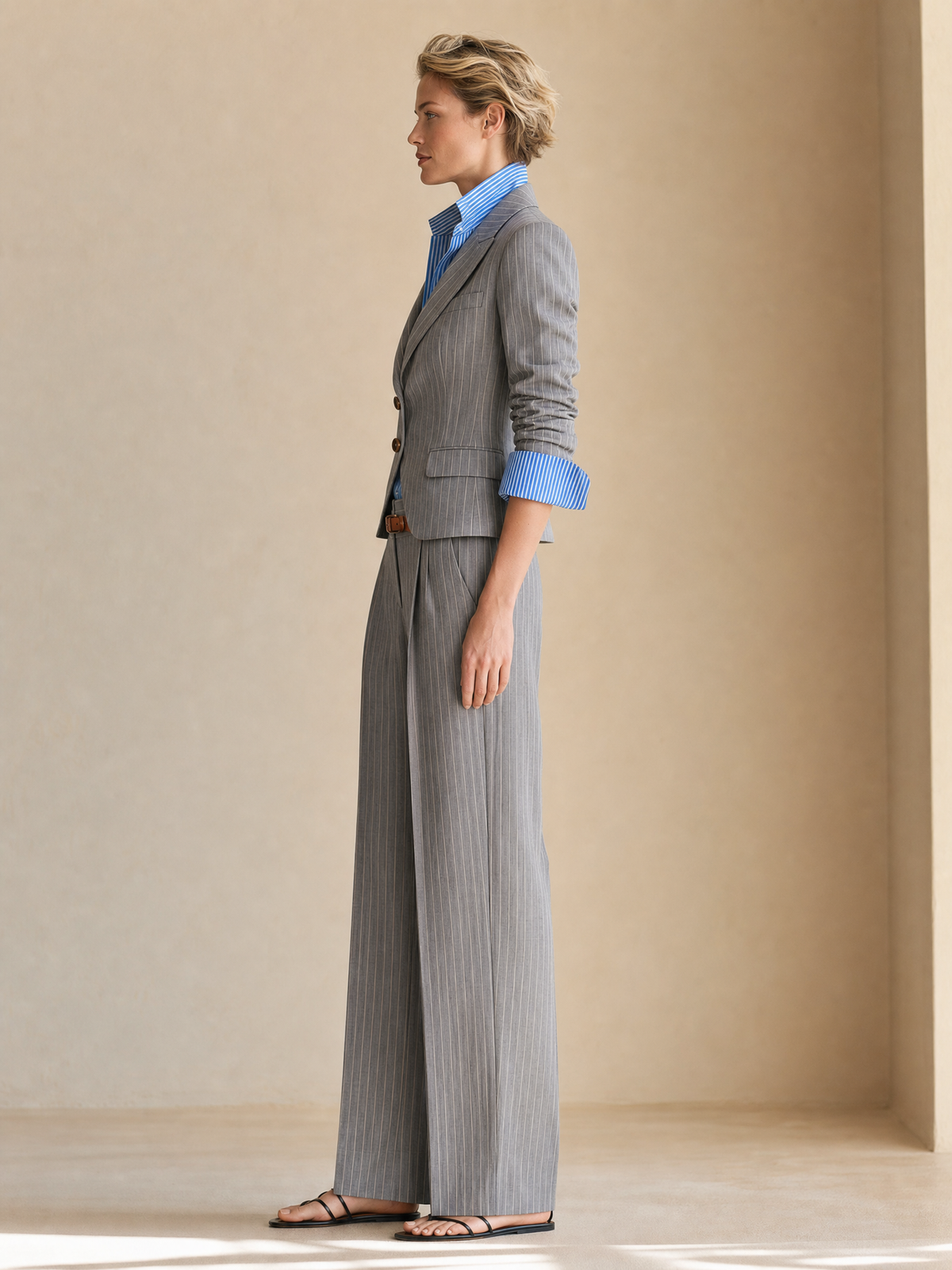 Grey Pinstriped High-Waisted Wide-Leg Pleated Pants