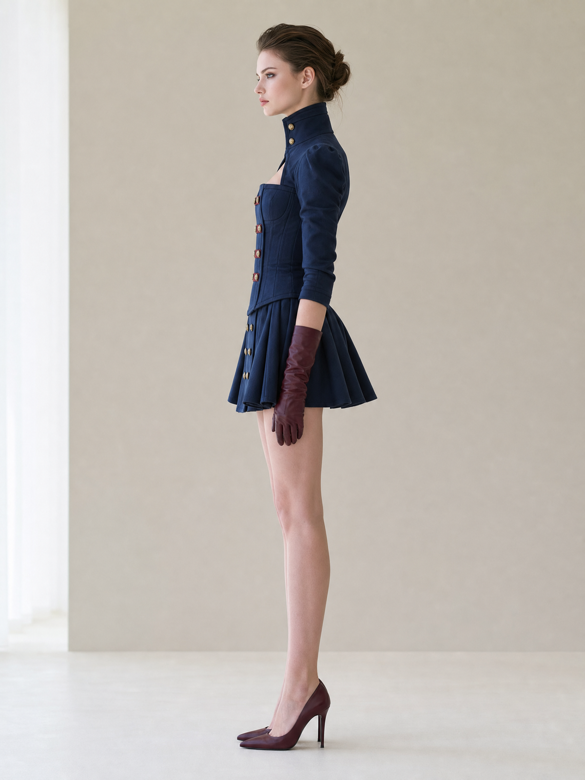 Navy Military Corset Mini Dress With Pleated Skirt And Gold Buttons