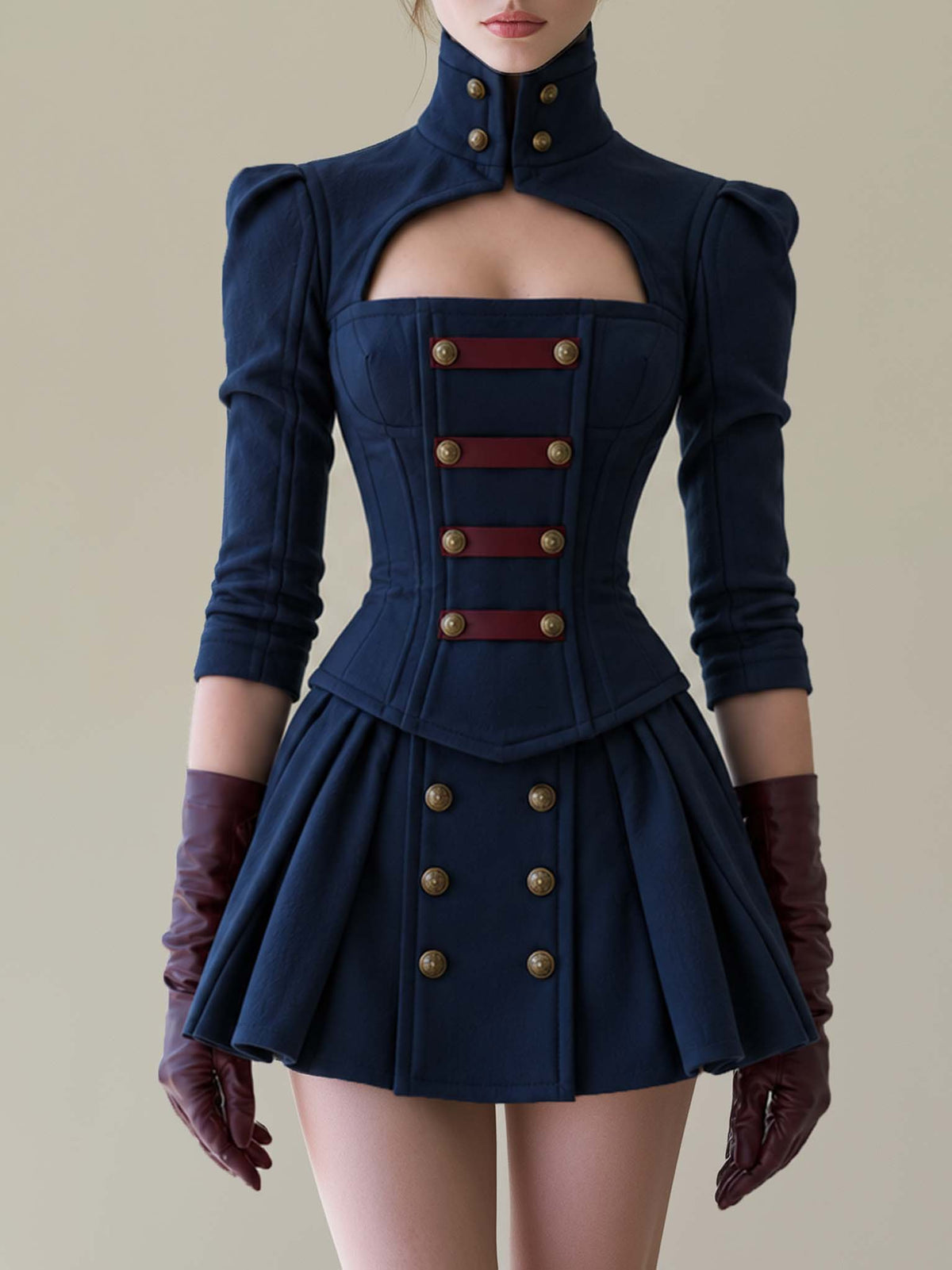 Navy Military Corset Mini Dress With Pleated Skirt And Gold Buttons
