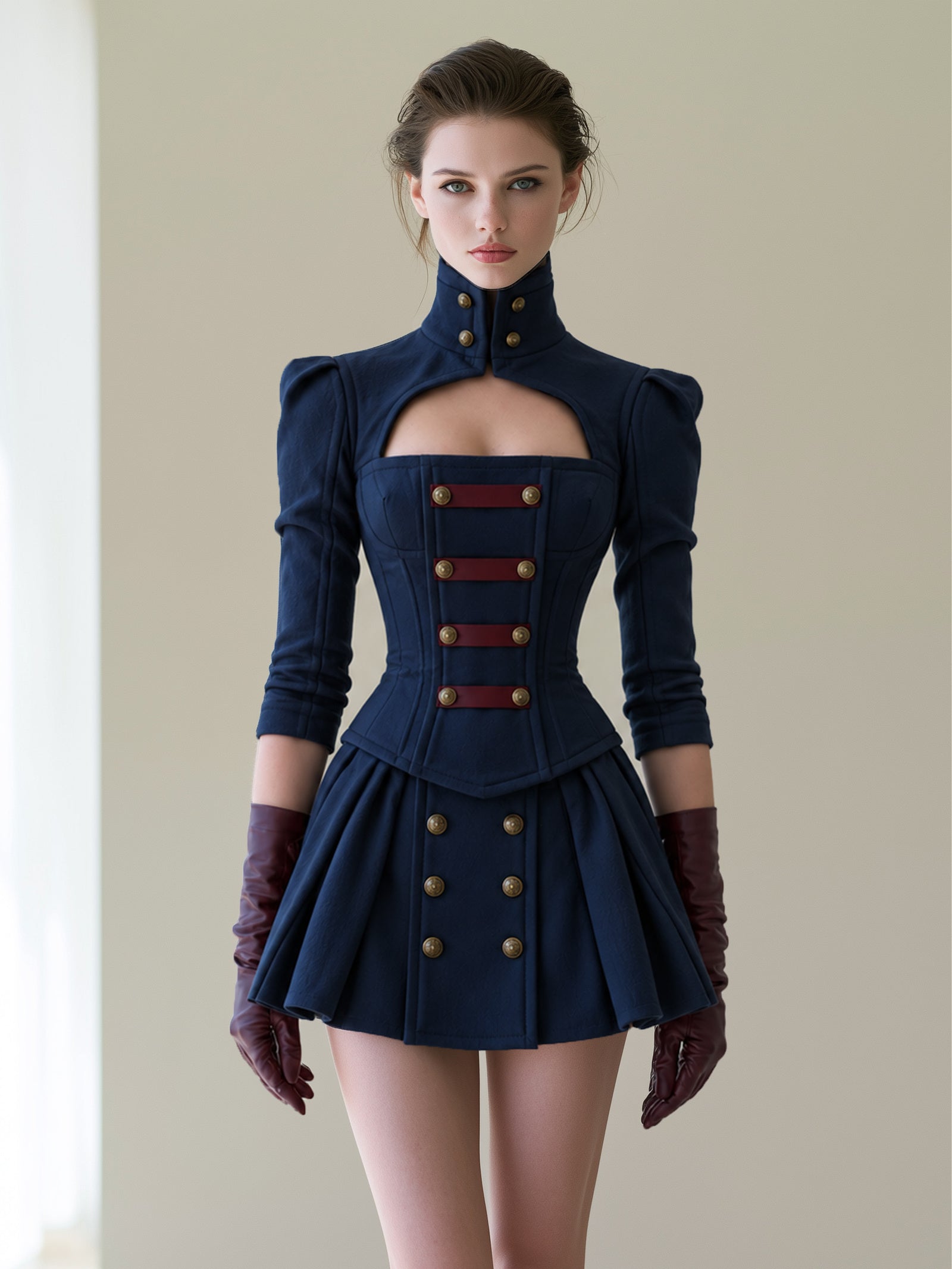 Navy Military Corset Mini Dress With Pleated Skirt And Gold Buttons