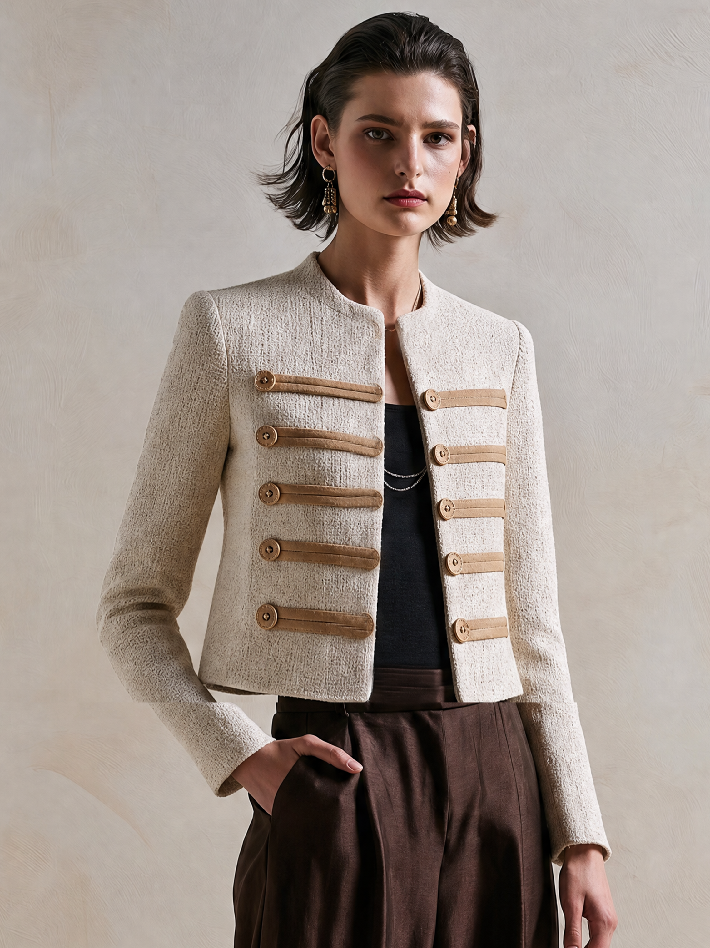 Elegant Ivory Tweed Military Jacket With Brown Tab Details
