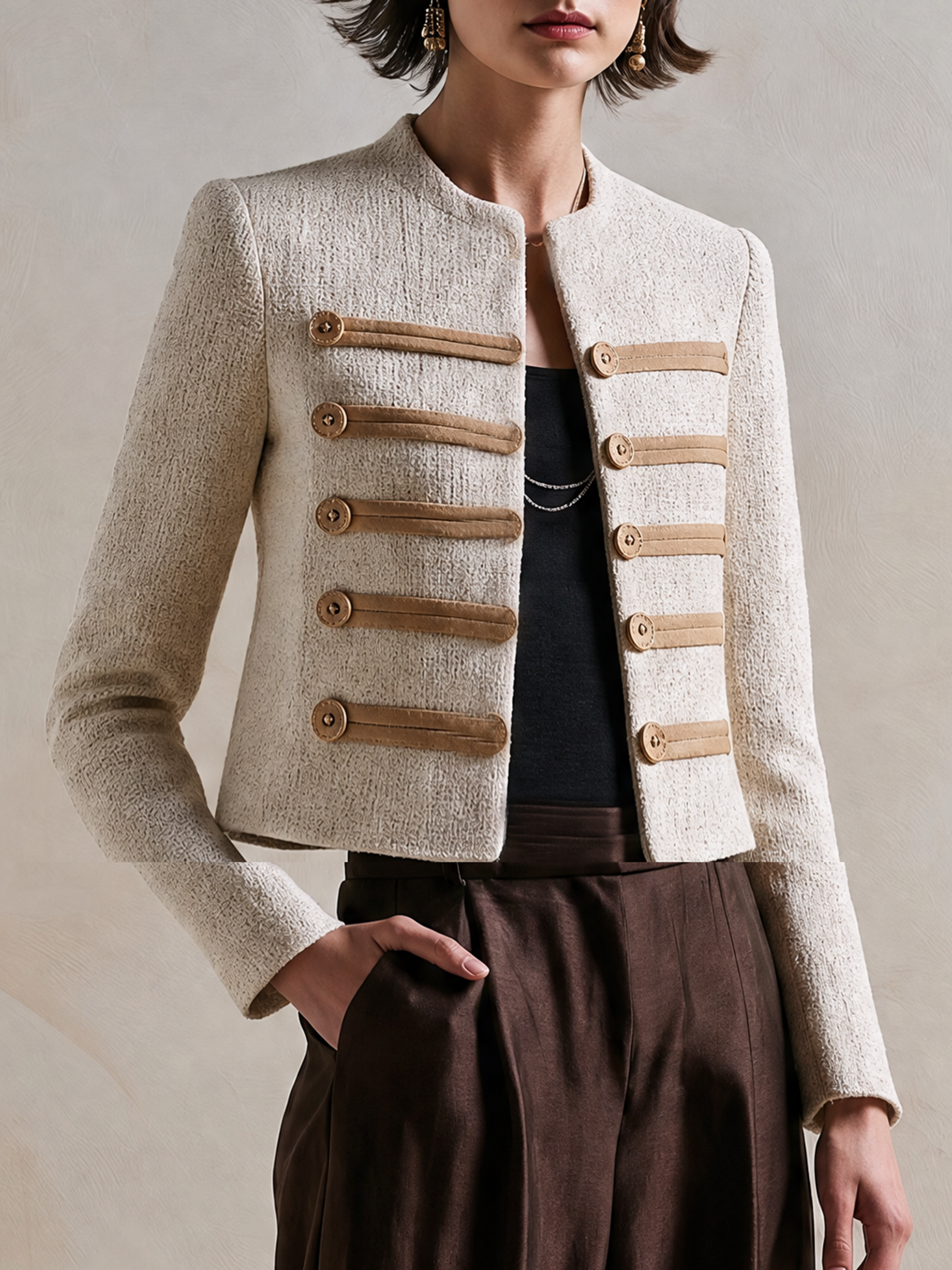 Elegant Ivory Tweed Military Jacket With Brown Tab Details